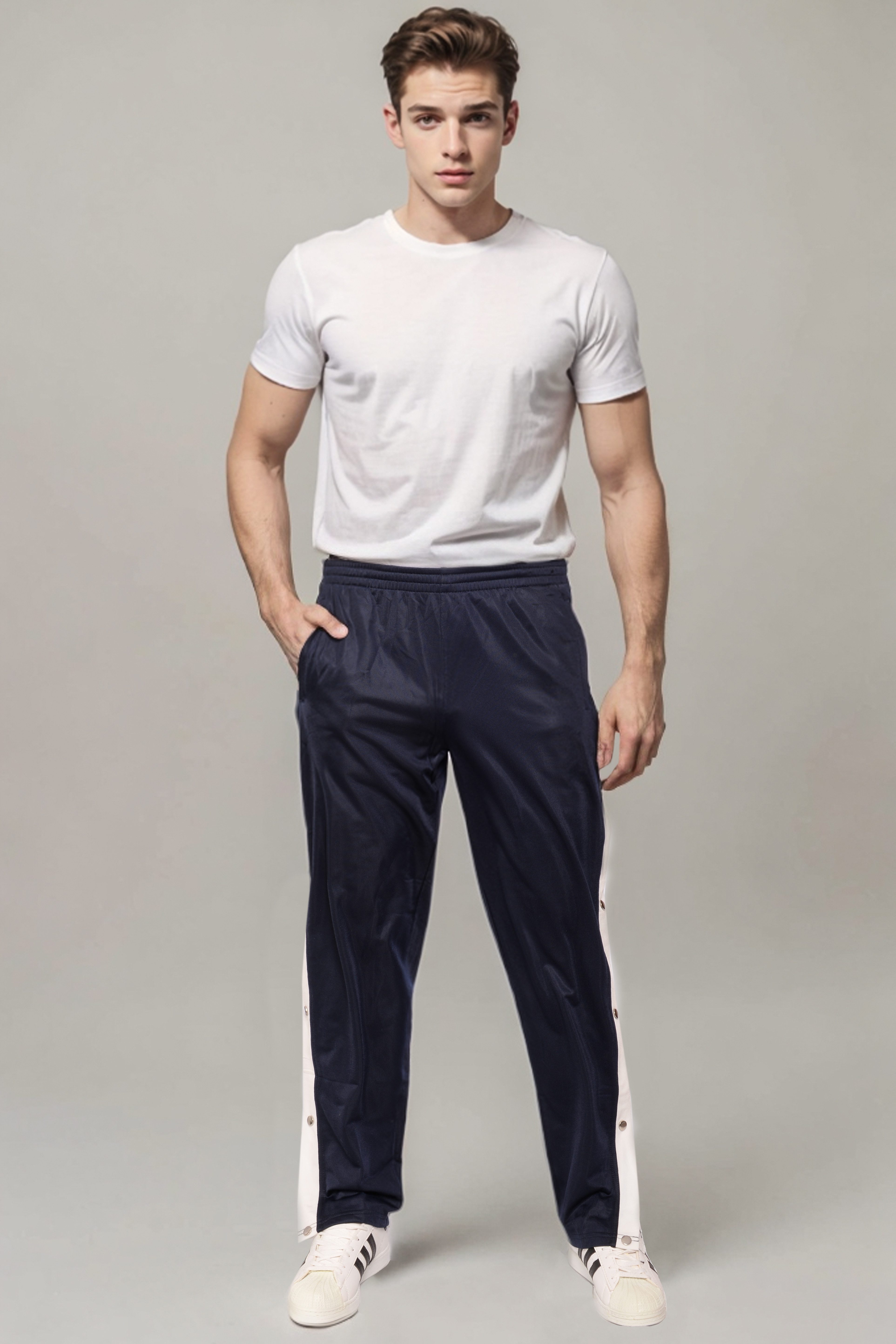 Kendindza Collection Jogginghose Knopfhose Jogginghose mit Druckknöpfen Sporthose Herren Relaxhose Tunnelzug Gummibund Streifen Knöpfe