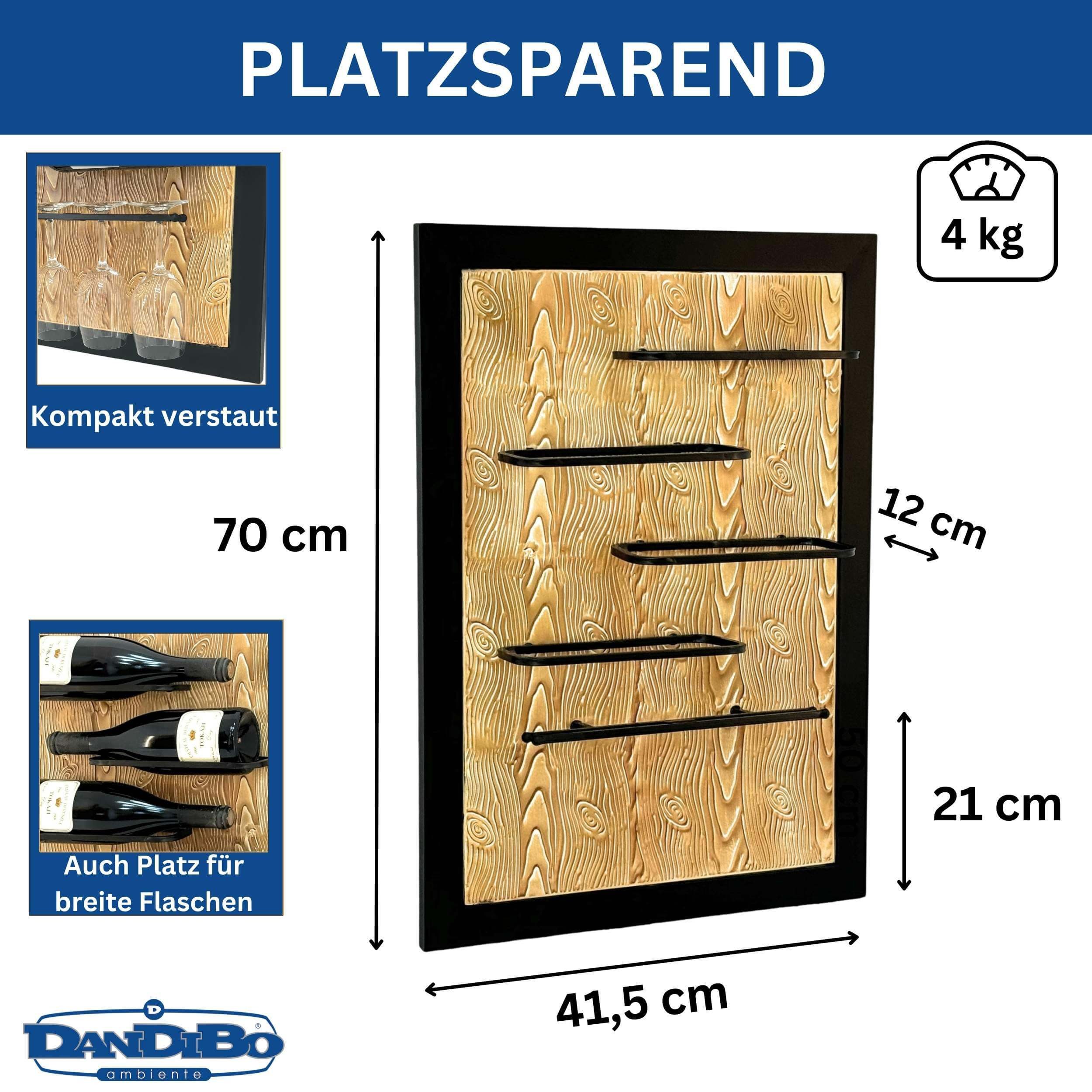 DanDiBo Weinregal Wand Metall Schwarz 4 Flaschen mit Glashalter 96617 Weinhalter, 4 Ablagen, 4 Glashalter – Bild 2 von 5