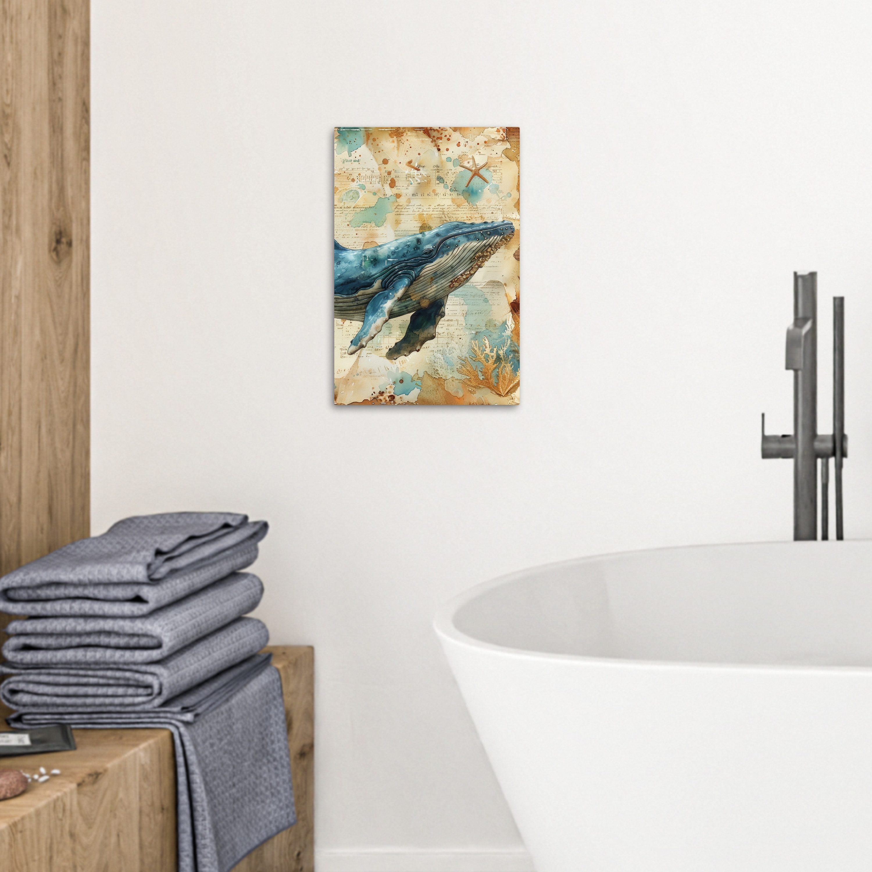 OneMillionCanvasses® Leinwandbild Vintage - Wal - Aquarell - Blau - Meerestiere, Fotodruck (1 St), Badezimmer Deko, Bilder WC, Toilette Wanddeko 20x30 cm