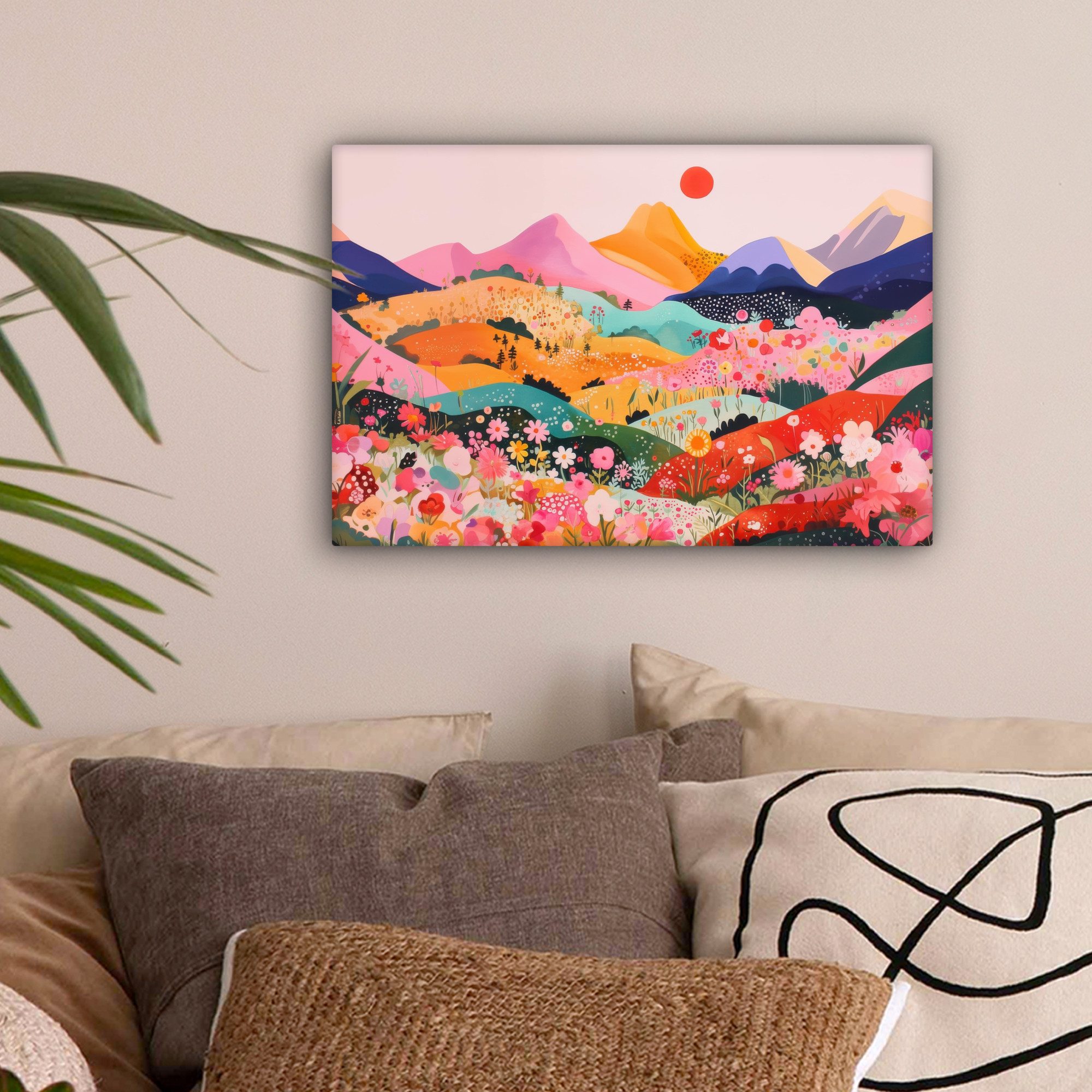OneMillionCanvasses® Leinwandbild Bunte Blumen - Berge - Fantasielandschaft günstig online kaufen