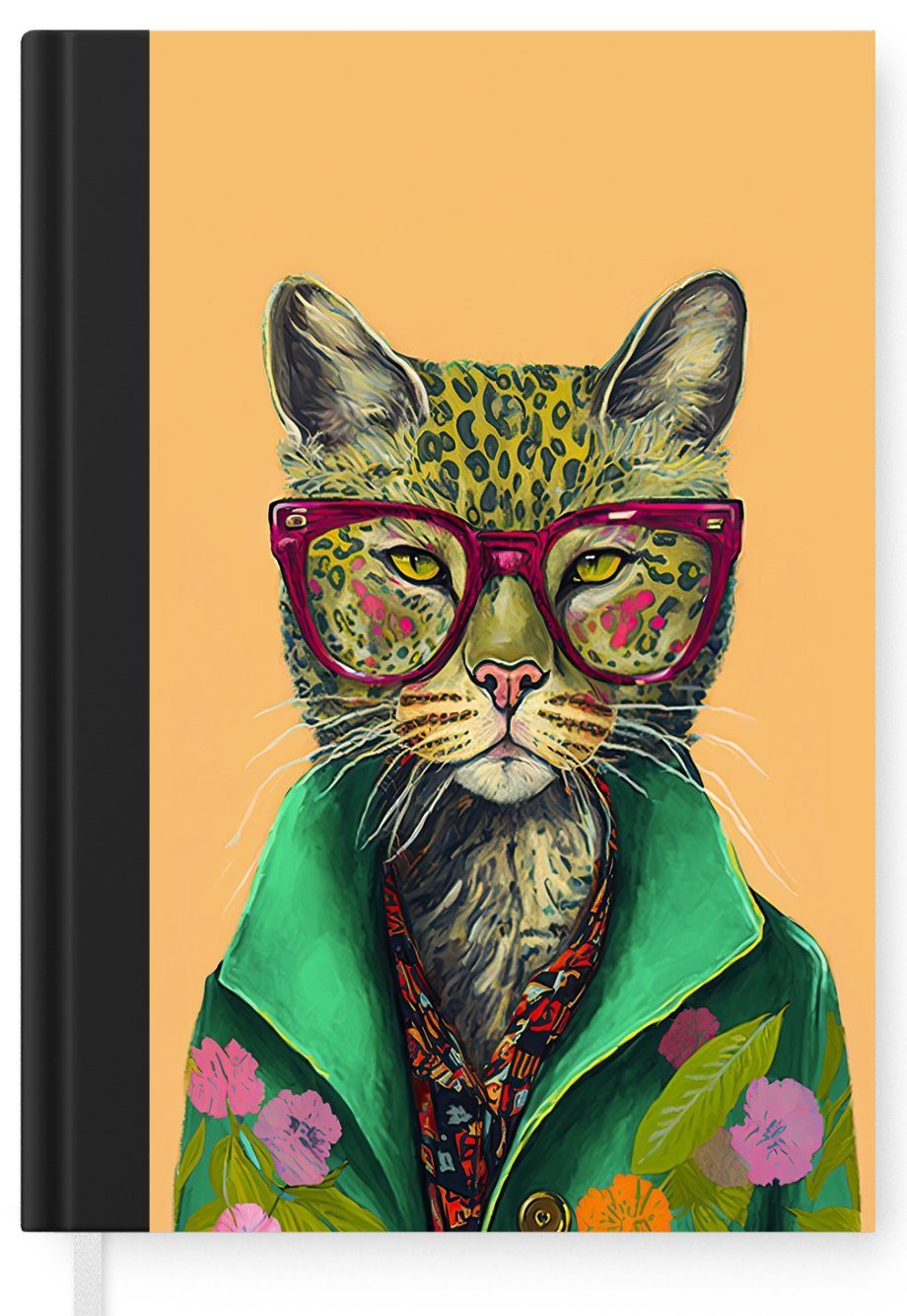 MuchoWow Notizbuch Tiere - Katze Brille Tagebuch, 98 Hippie, Seiten, - Blumen Haushaltsbuch - Journal, A5, - Notizheft, Merkzettel