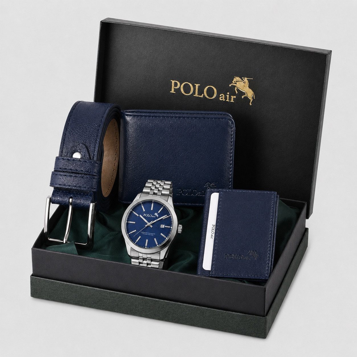 Jungengel Brieftasche Polo Air Royal Herren Geschenkset Armbanduhr Kartenetui Geschenkbox (Geschenkset, 5-tlg., 5-teilig: Herrenuhr, Geldbörse, Kartenetui und Gürtel+Geschenkbox), Exklusives Herren Geschenkset - Geschenkbox inklusive