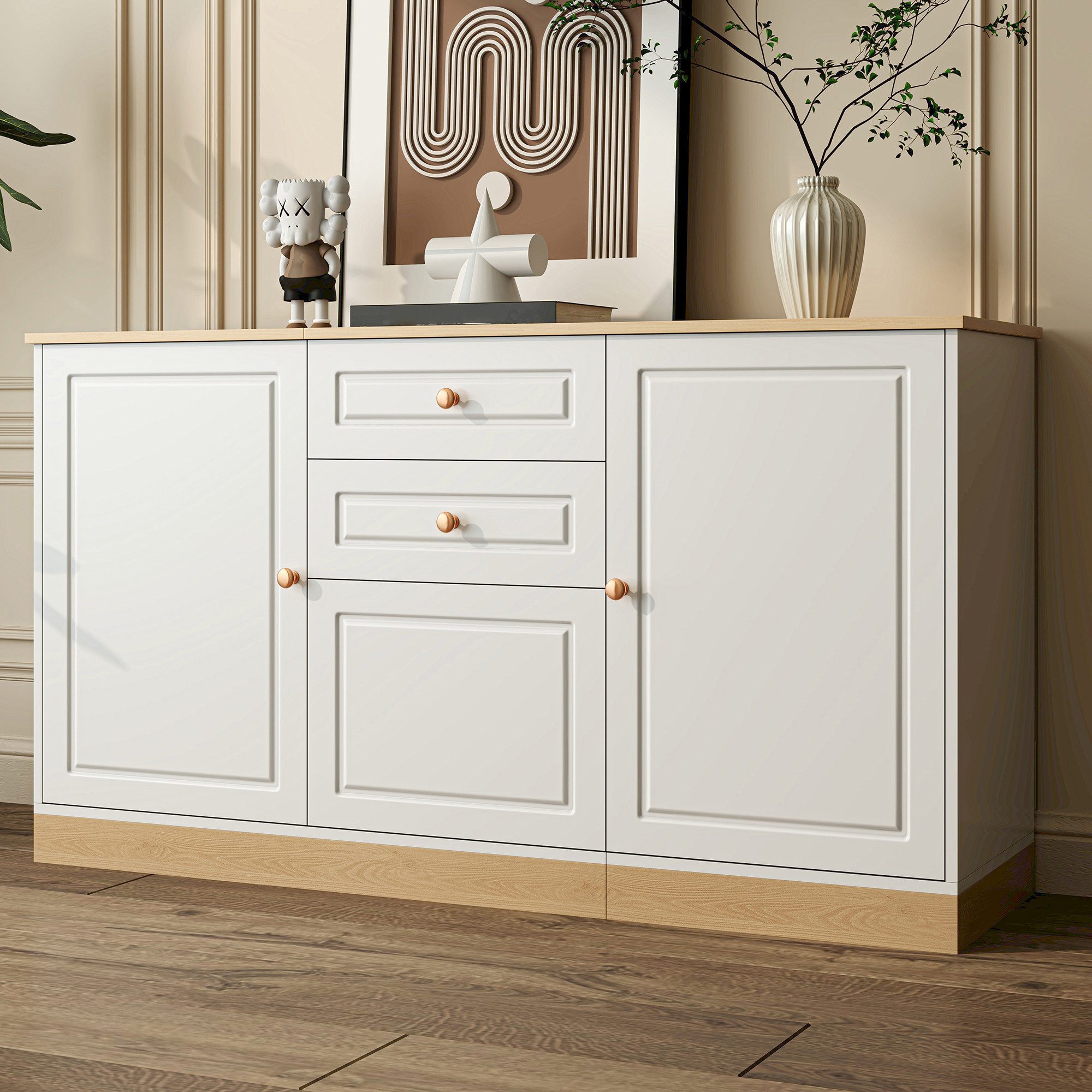 Merax Sideboard in Weiß & Holzoptik (135,5 × 39 × 76 cm, 1 St., Buffetschrank Schrank), Kommode mit 3 Türen und 2 Schubladen,Anrichte mit goldfarbenen Griffen