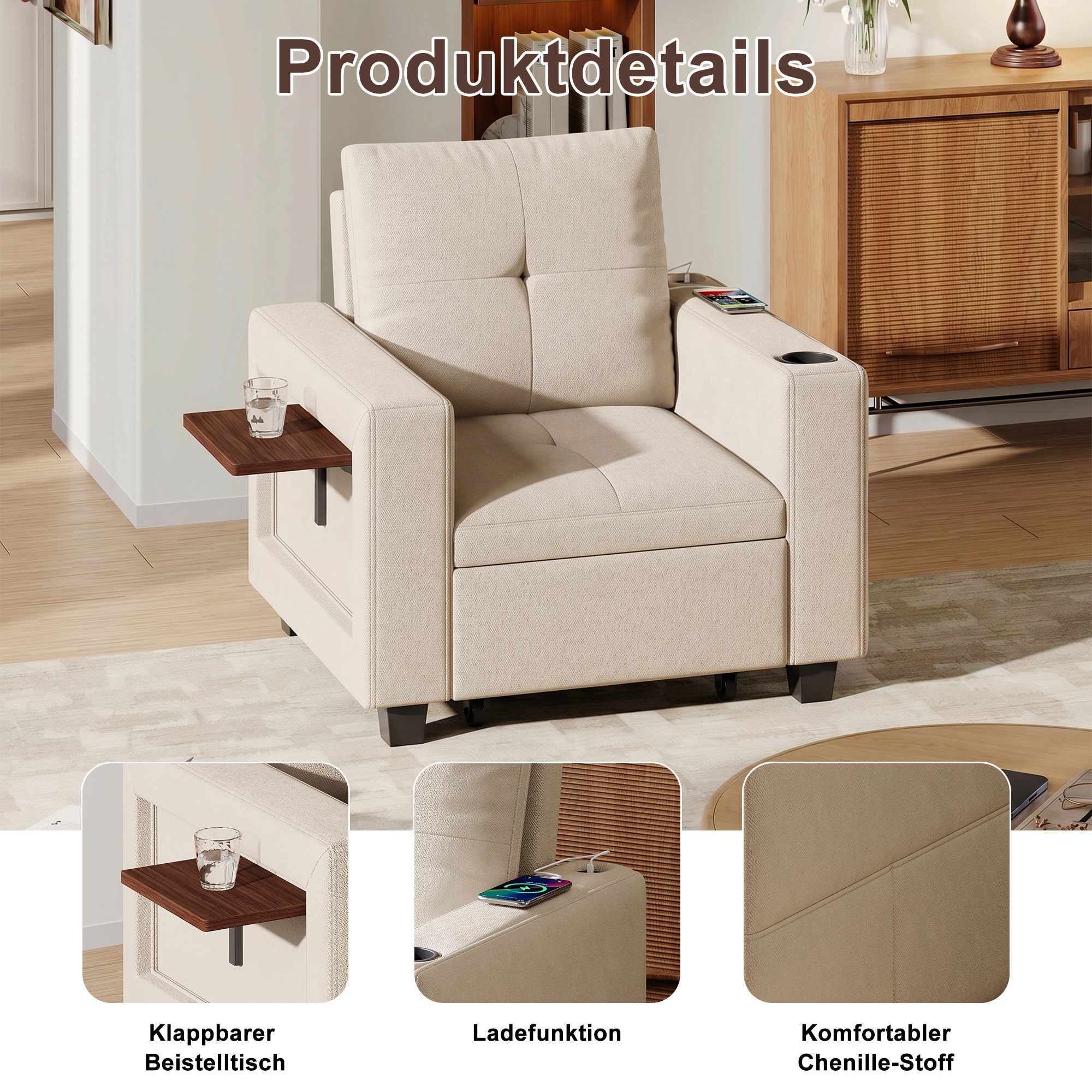 zebery Schlafsofa Daybett Tagesbett Ausziehbares mit Bettfunktion, Set 1 Teile, 90x90x78 cm,Verstellbare Rückenlehne,USB + Typ-C,Getränkehalter,Samt