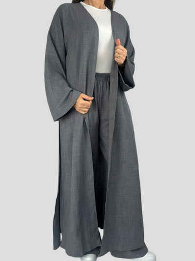Aymasal Maxikleid 2 teiliges Set Kimono & Hose Kaftan Cardigan islamische Gebetskleidung Elastisches Band, Weicher Leinenstoff, Lockere Ärmel