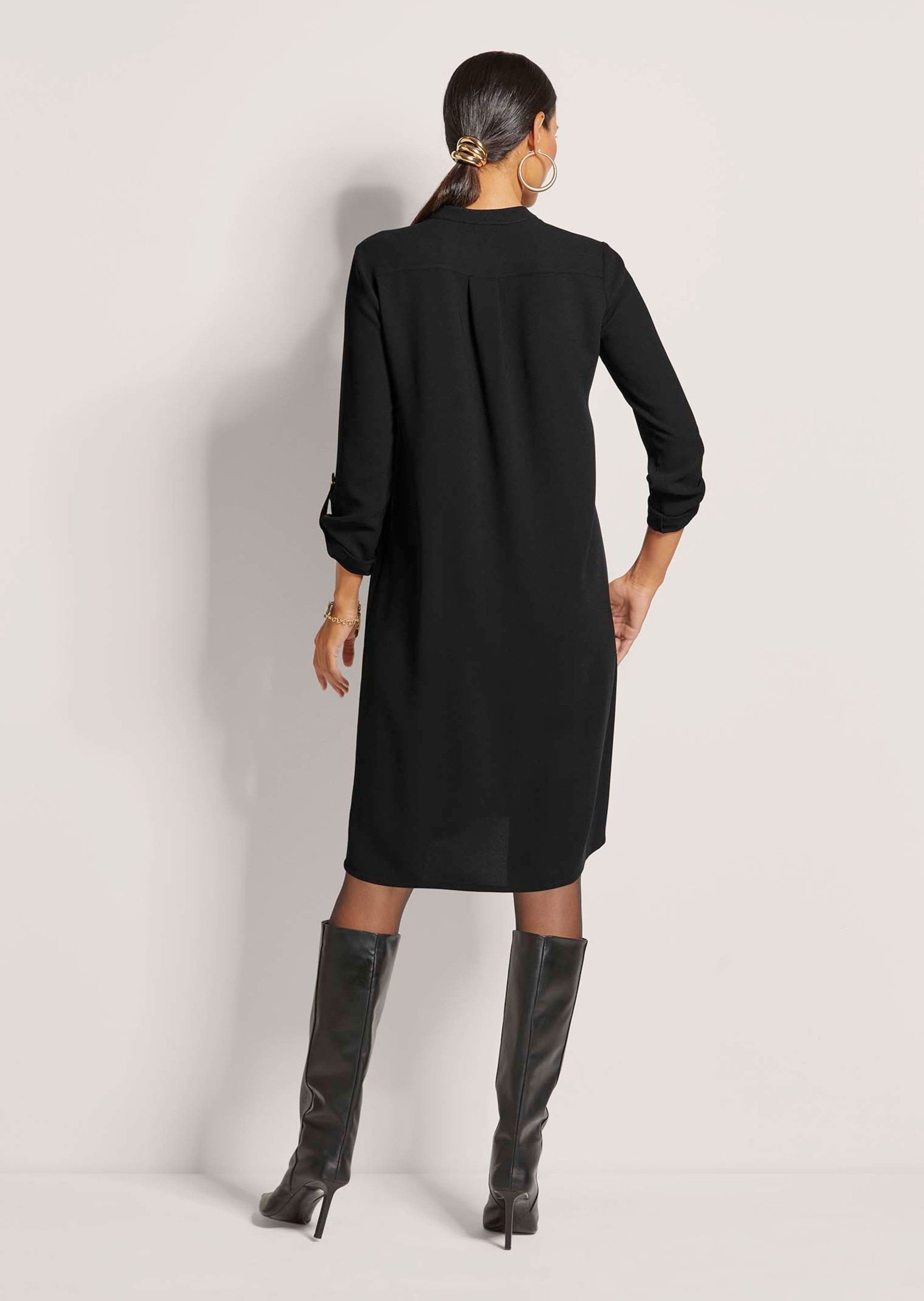 MADELEINE Maxikleid Shirtkleid mit Rundhals mit V-Schlitz Blusenkleid mit integrierten Taschen und krempelbaren langen Ärmeln