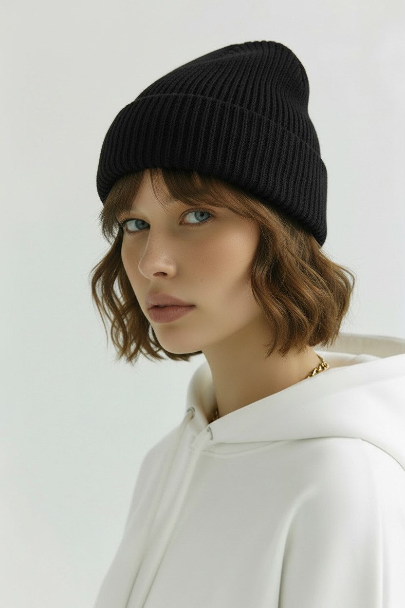 Zuckerwatte Strickmütze mit Umschlag aus Merinowolle mit Viskose und Cashmere