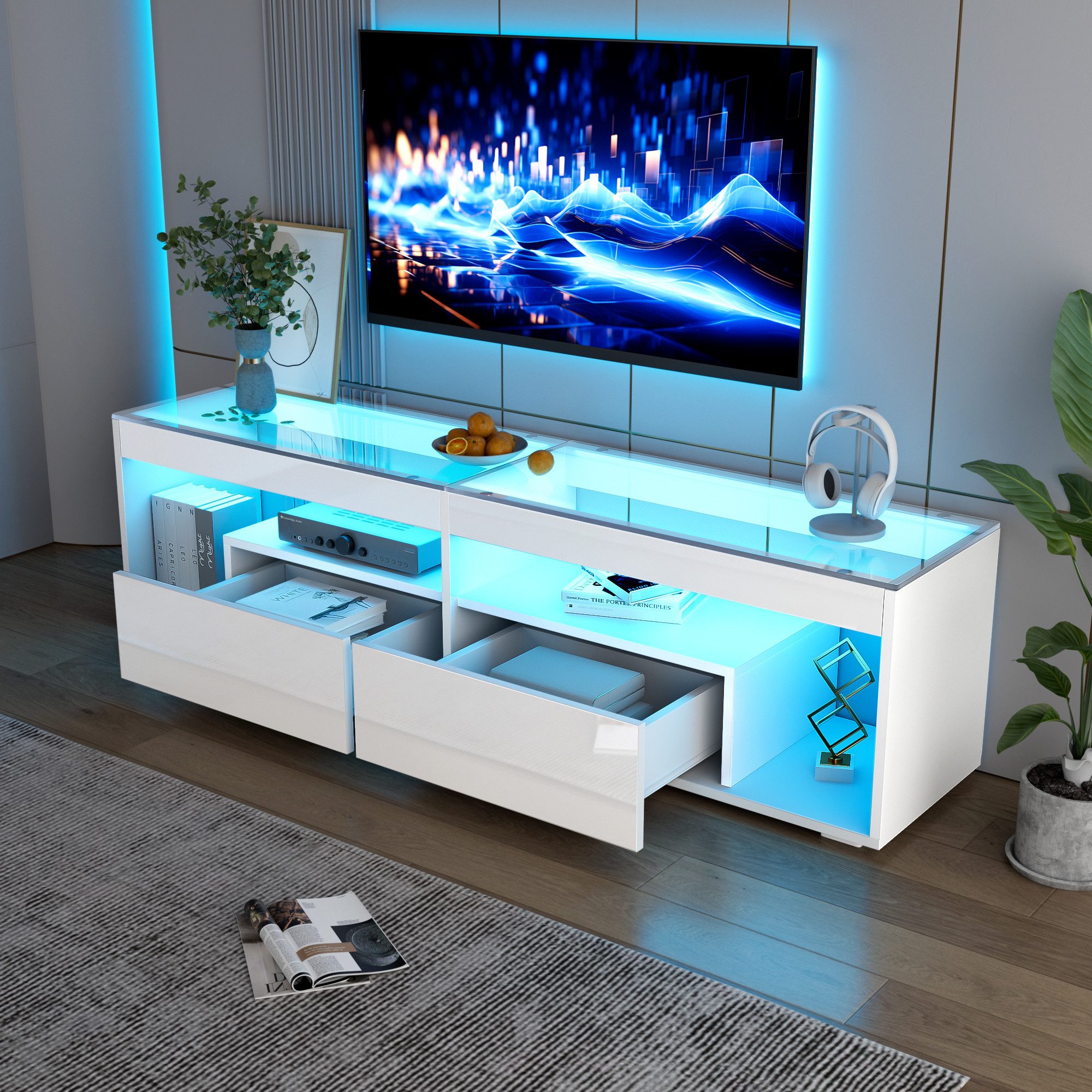 Lowboard in wohnzimmer Weiß TV-Ständer 70 Zoll TV Board mit 2 Schubladen