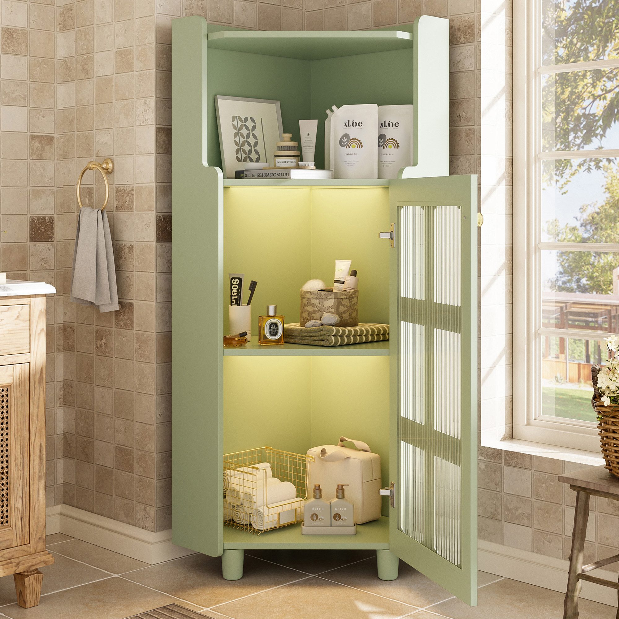 Flieks Eckschrank mit LED-Beleuchtung und Glastüren (1-St., B63,5x45x45xH124 cm) Mehrzweckschrank Hochschrank Badkommode Eckregal Grün