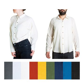 PANASIAM Langarmhemd Unisex Sommerhemd mit Kragen aus weicher reiner Baumwolle Freizeithemd für Sie & Ihn mit Holzknöpfen Wohlfühlhemd