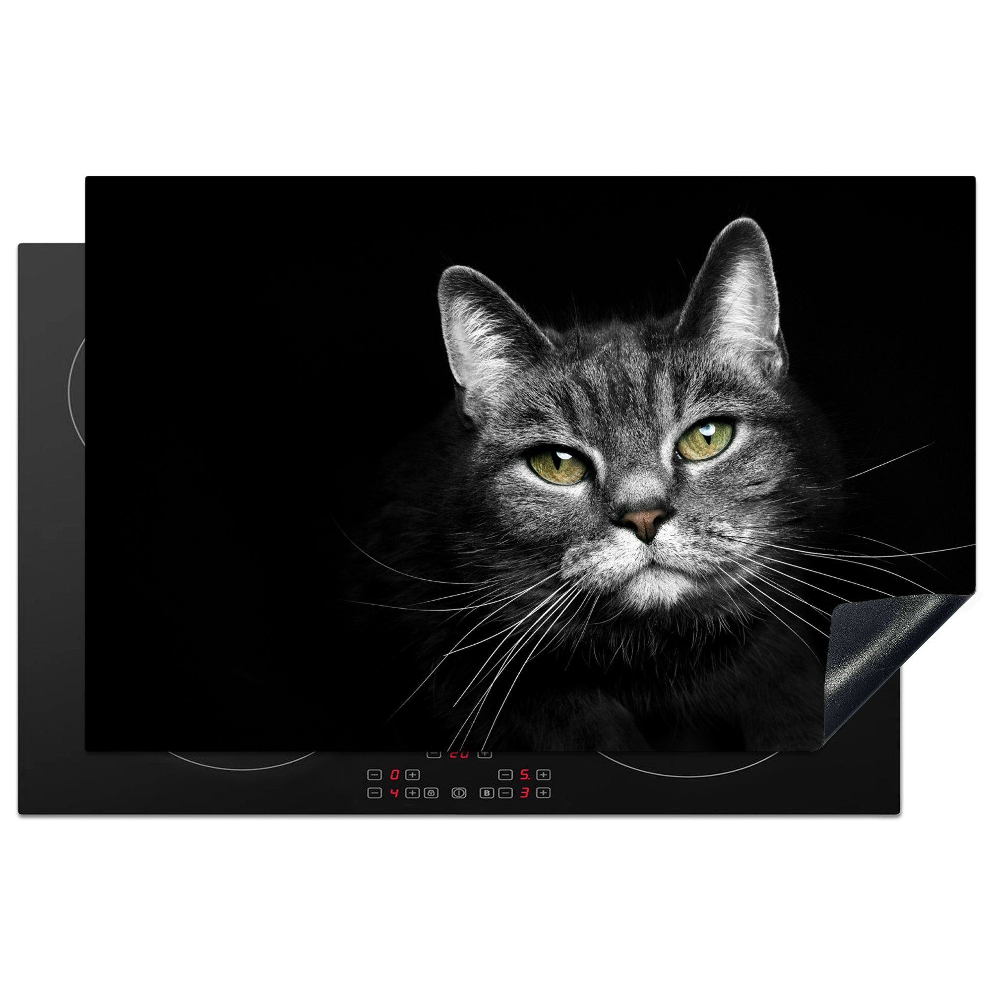 MuchoWow Herdblende-/Abdeckplatte Haustiere - Katze - Tiere - Schwarz - Weiß, Vinyl, (1 tlg), 81x52 cm, Ceranfeldabdeckung, Arbeitsplatte für küche