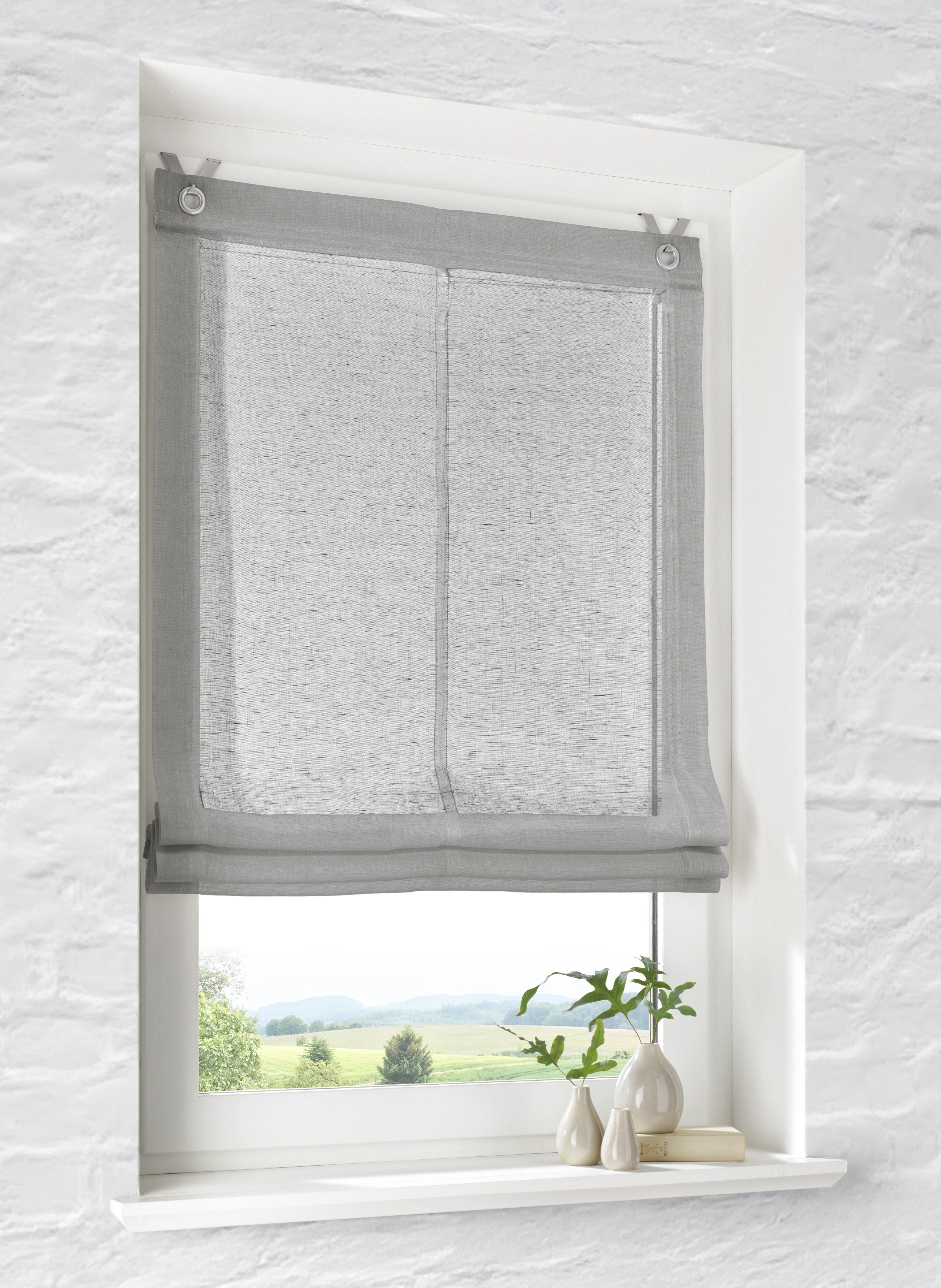 Kutti Raffrollo Brondby, mit Hakenaufhängung, ohne Bohren, freihängend, Leinenoptik lichtfilternd Edelstahlhaken