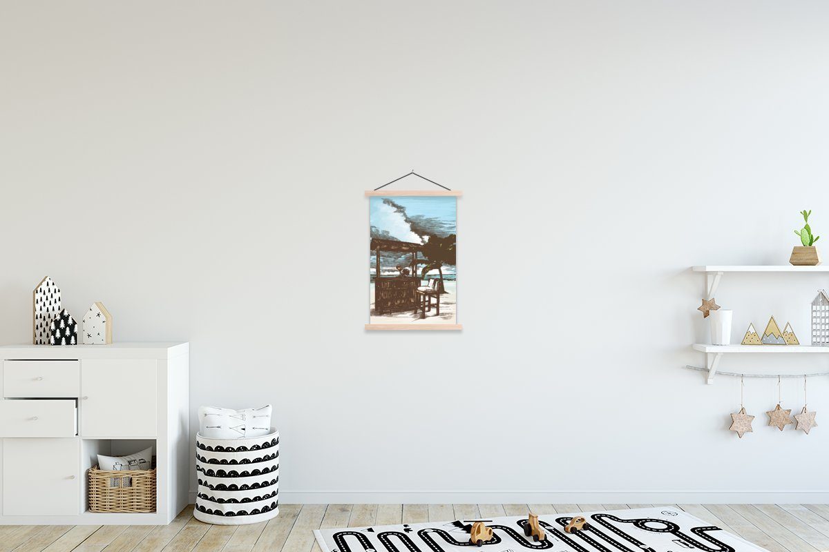 MuchoWow Poster Strand - Wohnzimmer, Magnetisch St), Textilposter für (1 Posterleiste, Bilderleiste, Palme, - Hütte