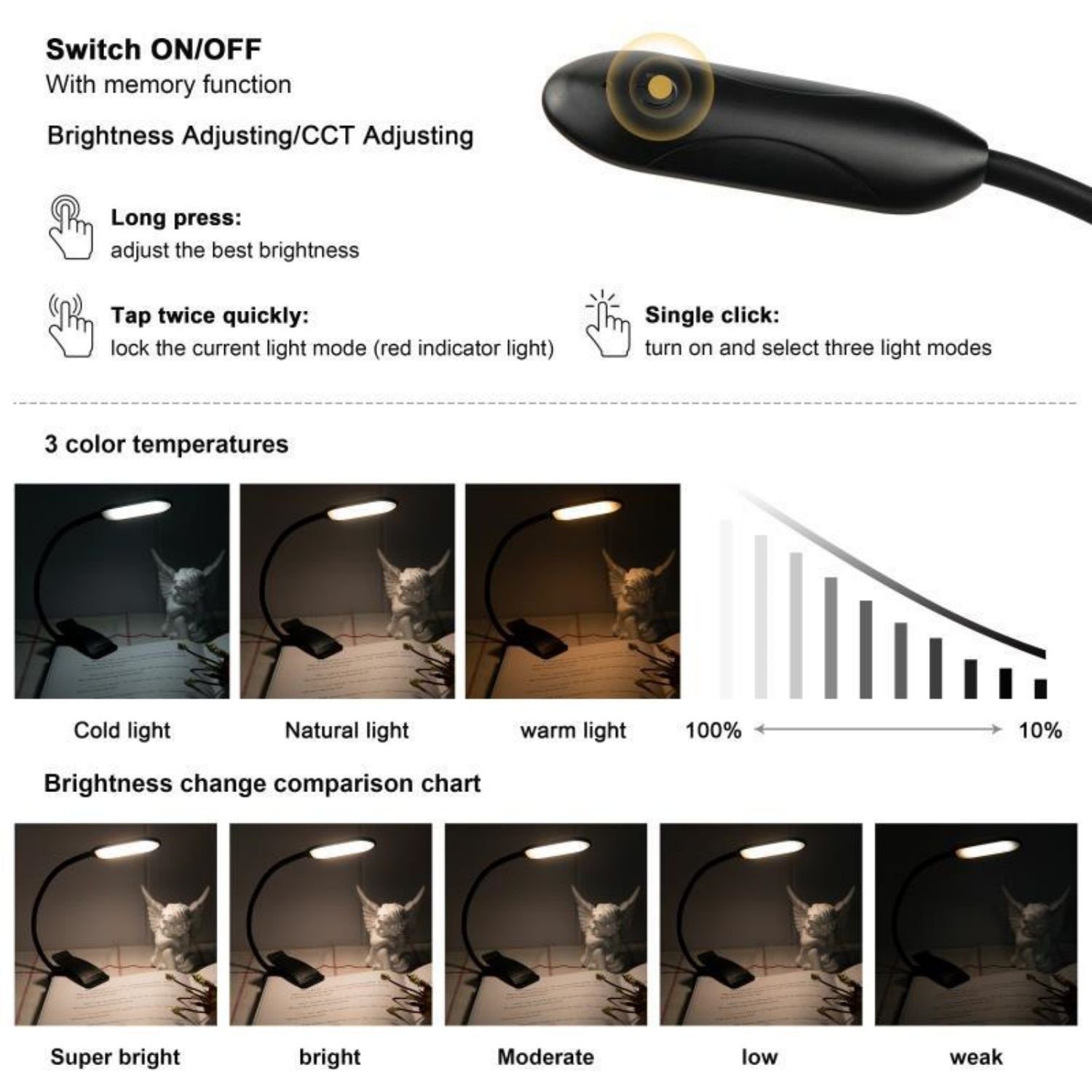 DTC GmbH LED Leselampe Leselampe Buch Klemme, USB Wiederaufladbare  Klemmleuchte, 360° flexibel einstellbar, Steuerung von Farbtemperatur und  Helligkeit durch Berührung