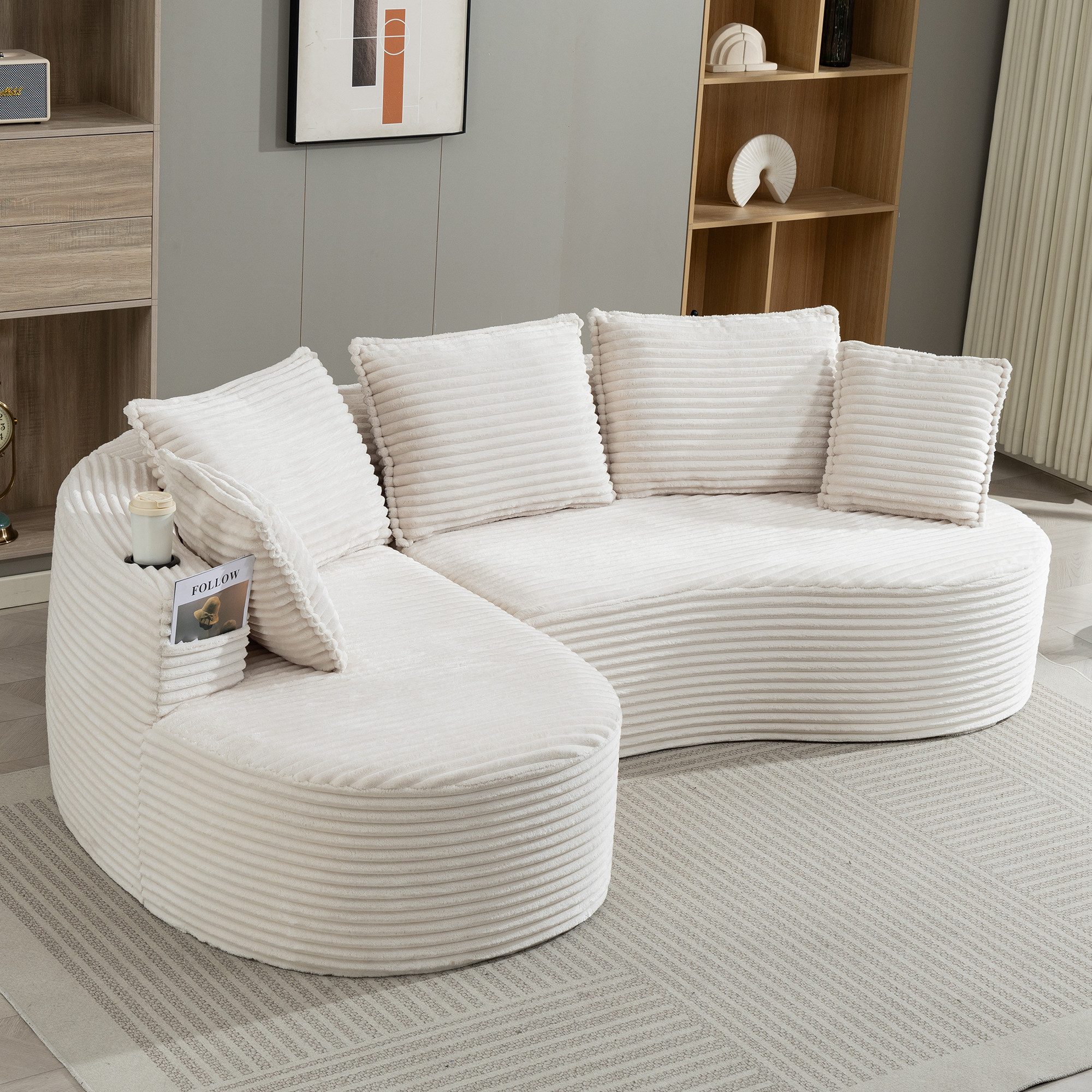 Celya Sofa Bogesofa Cord mit Becherhalter und Stauraum, mit Becherhalter und Stautasche. Inkl. Kissen