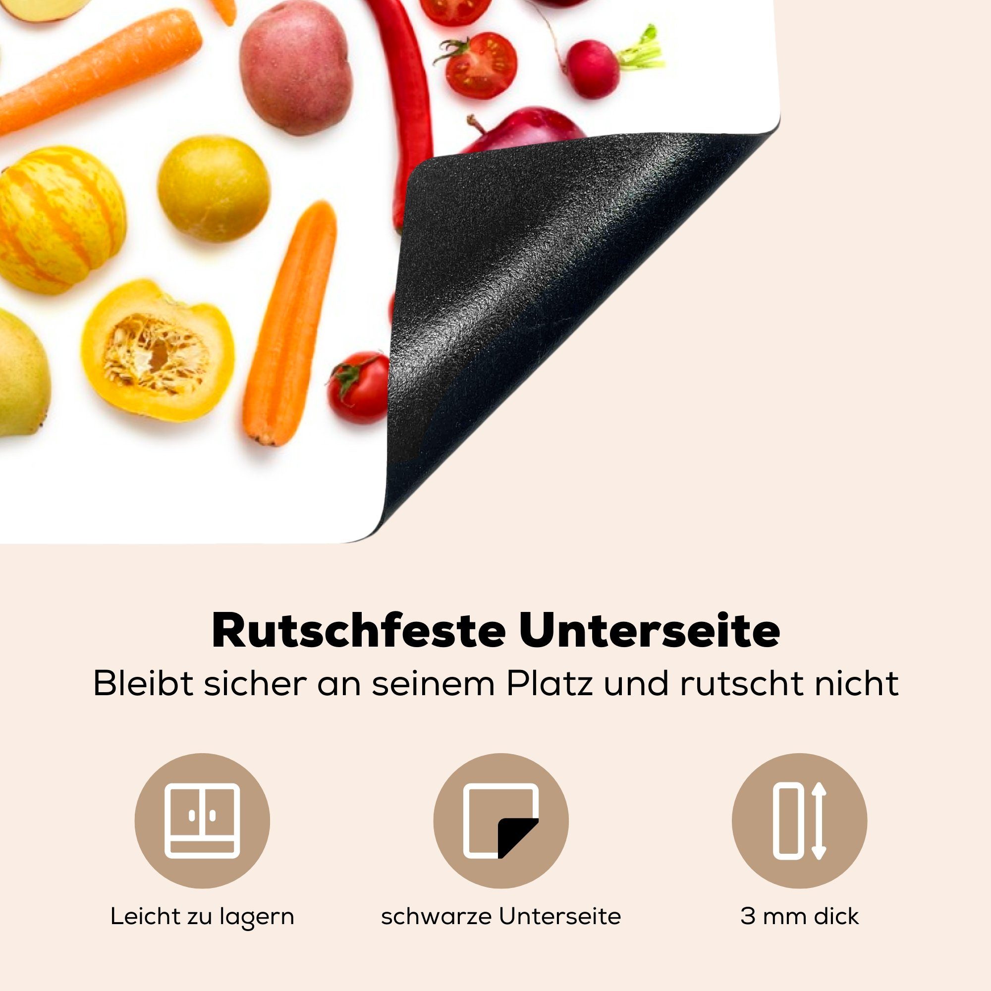 küche für - (1 tlg), Vinyl, Herdblende-/Abdeckplatte cm, Regenbogen, Obst Ceranfeldabdeckung, - Arbeitsplatte MuchoWow Gemüse 83x51