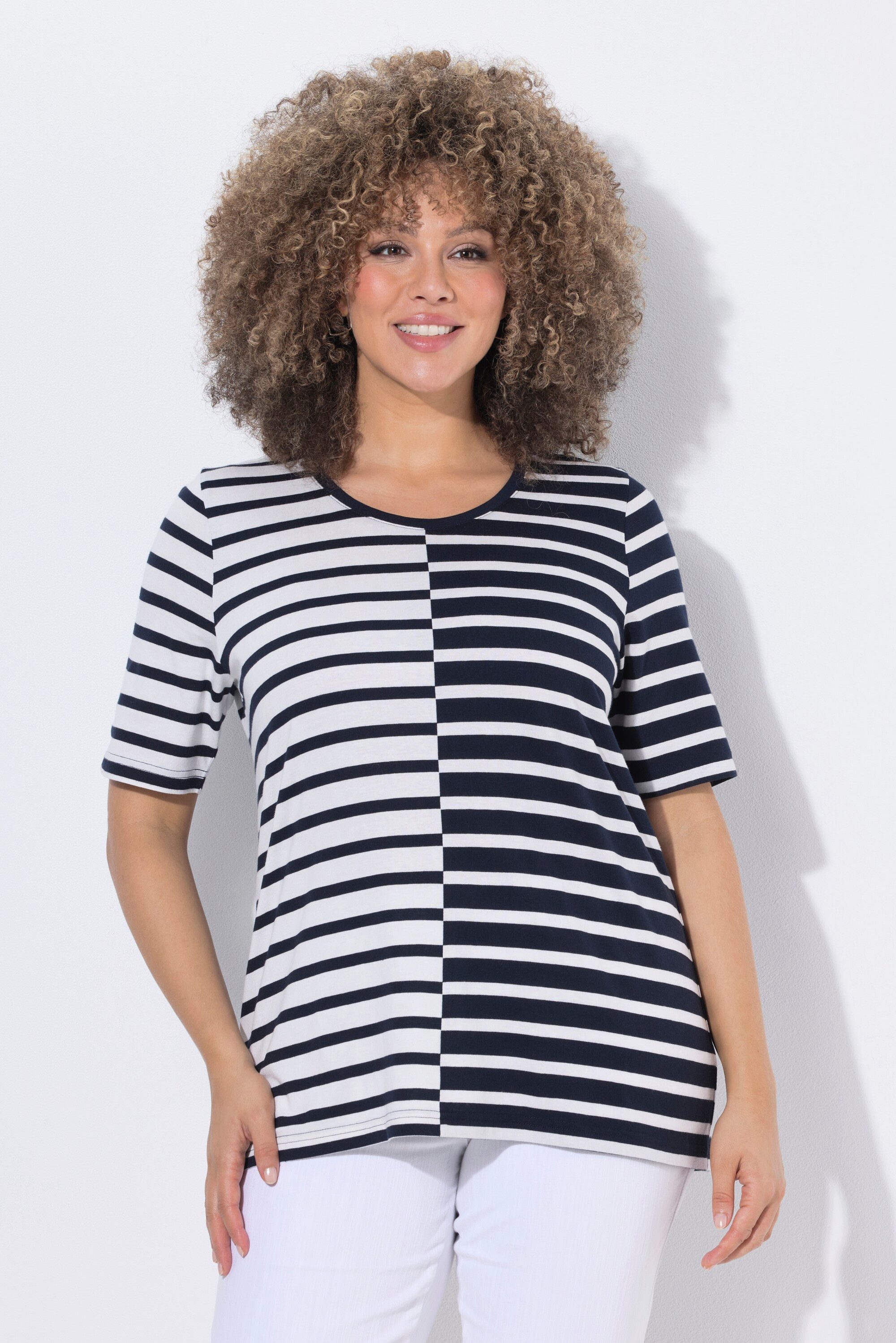 Ulla Popken T-Shirt T-Shirt Streifen Classic Rundhals Halbarm Modalmix