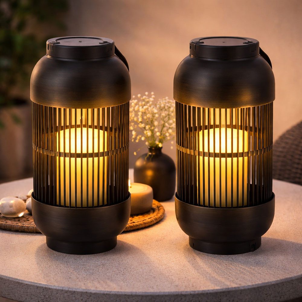 Expo Börse LED Außen-Tischleuchte, LED-Leuchtmittel fest verbaut, Warmweiß, LED Solarleuchte Tischlampe Laterne Kerze warmweiß H 33 cm 2er Set