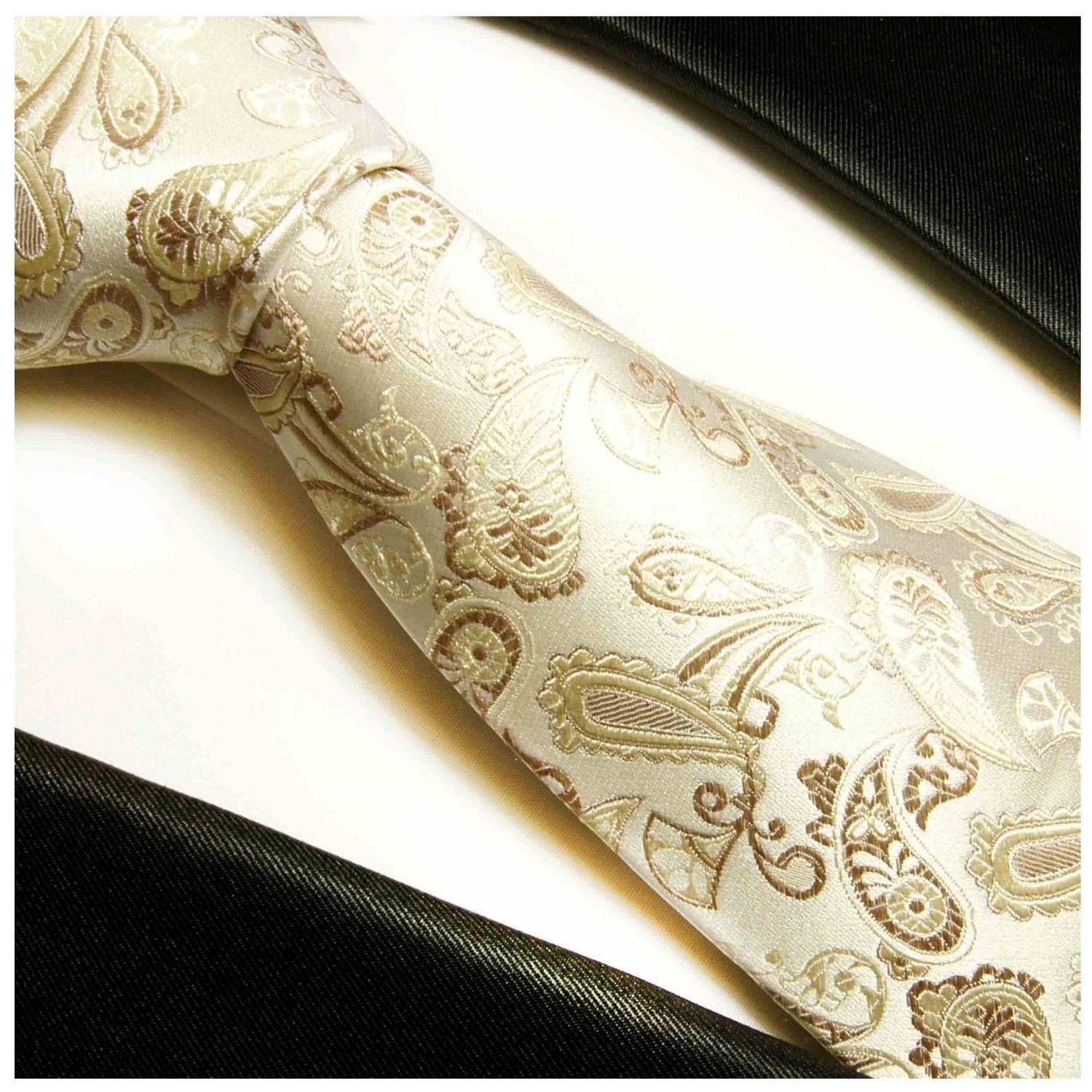 Paul Malone Krawatte Elegante Seidenkrawatte braun Herren paisley Breit (8cm), 762 Seide 100% brokat Schlips ivory