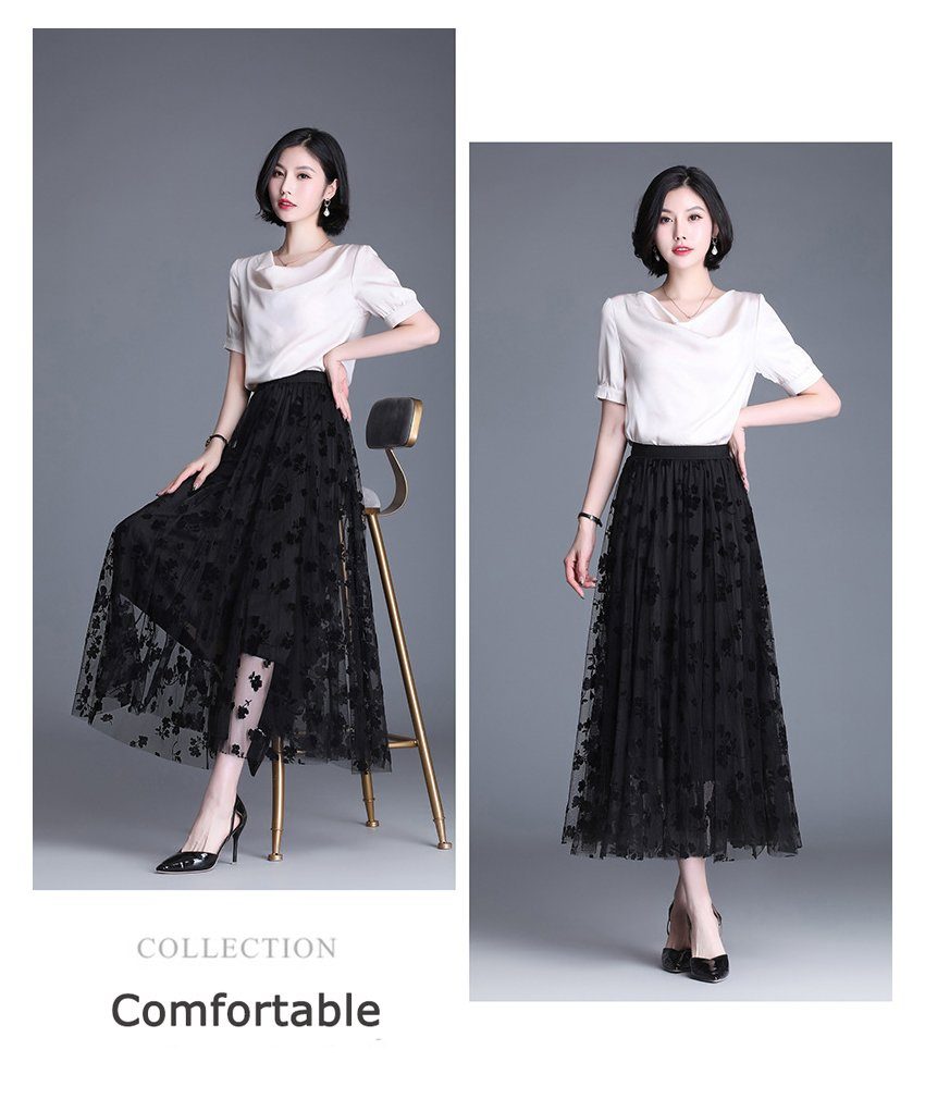 DEBAIJIA Plisseerock Damen Tüllrock Sommer Frauen Mesh Hohe Taille Midi Röcke Floral