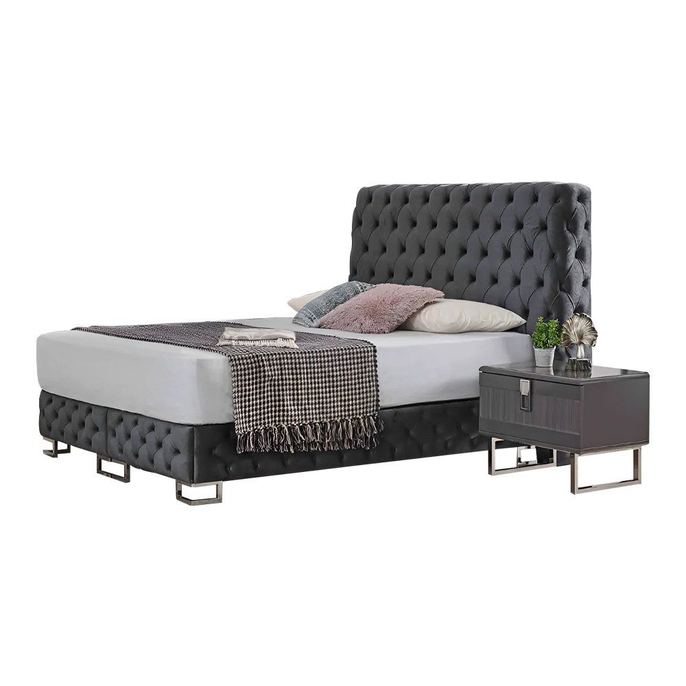 Xlmoebel Polsterbett Graues Chesterfield Doppelbett mit eleganten Holz-Nachttischen (Set 3tlg Schlafzimmer (Bett + 2xNachttische), Hergestellt in Europa