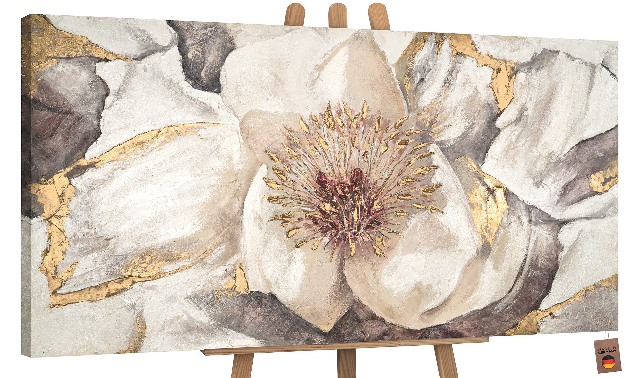 YS-Art Gemälde Malve, Blumen, Gold Weiß Blume Leinwand Bild Handgemalt Ohne Schattenfugenrahmen | Gemälde