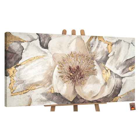 YS-Art Gemälde Malve, Blumen, Gold Weiß Blume Leinwand Bild Handgemalt