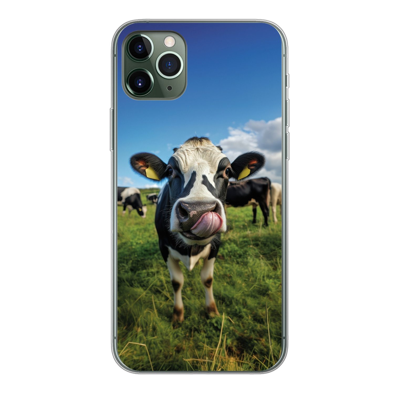 MuchoWow Handyhülle für Apple iPhone 11 Pro Max Kuh - Zunge - Wiese, Smartphone-Bumper, Print, Handy Schutzhülle Dünn