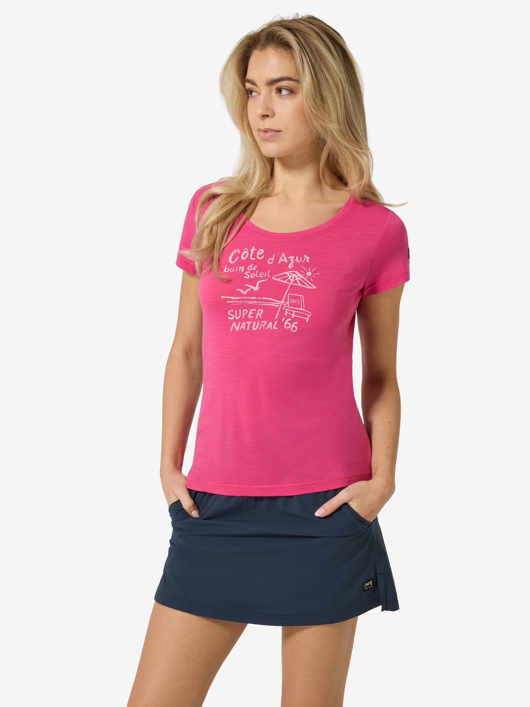SUPER.NATURAL T-Shirt für Damen,Merino W COTE D'AZUR TEE mit Sommer-Motiv, atmungsaktiv