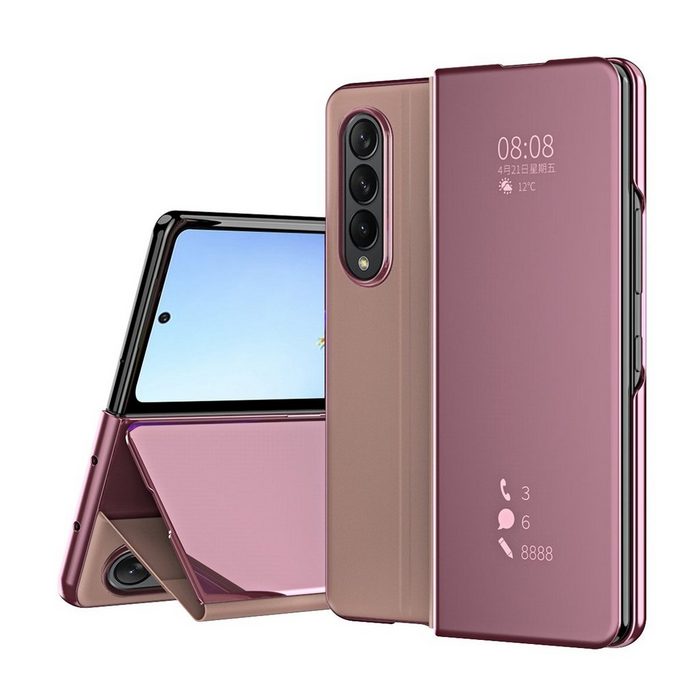 Wigento Handyhülle Für Samsung Galaxy Z Fold4 5G Clear View Spiegel Mirror Smartcover Pink Schutzhülle Cover Etui Tasche Hülle Neu Case Wake UP Funktion