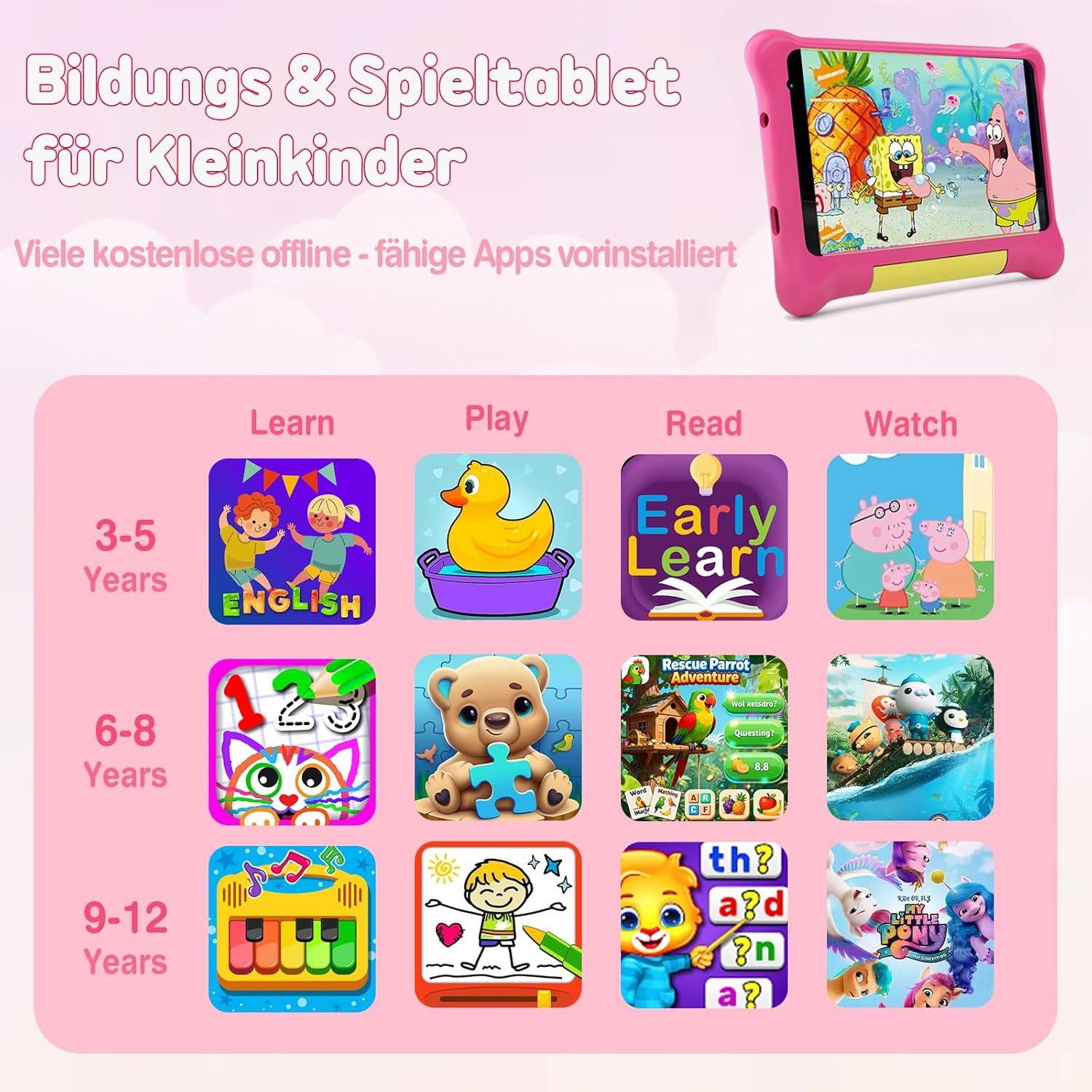 SpionProfi Lerntablet 7 Zoll Kinder Tablet Touchscreen Lernspiele Bluetooth Wifi PC, (1-tlg), Touchscreen Kinder Tablet mit Lernspiele & Kindersicherung