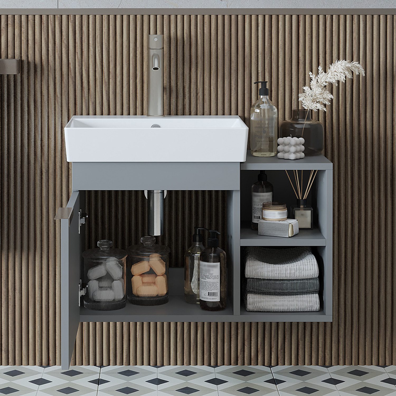 Roomart Waschbeckenunterschrank LYCIA 72 cm hängend, offenes Regal, Keramikbecken inkl., 4 Farben (Set) Soft-Close, offene Regalsektion, 32 cm tief, Wandmontage, Waschbecken