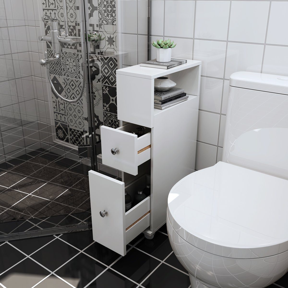 Happy Home Eckschrank Badezimmerschrank mit Rollen Schubladen Hochschrank Standschrank weiß