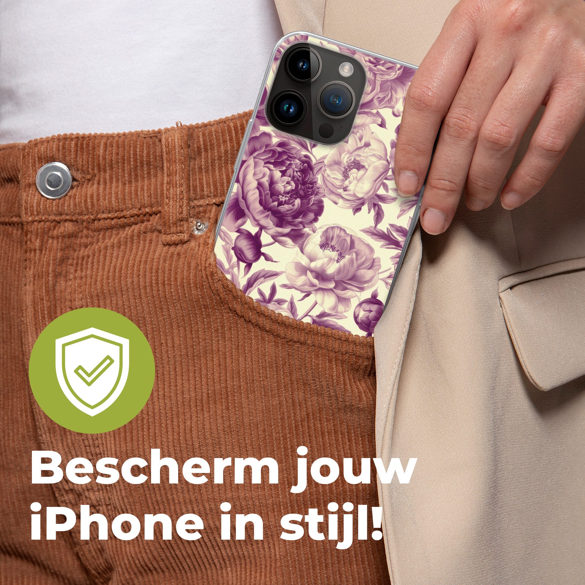 MuchoWow Handyhülle für Apple iPhone 14 Pro Max Blumen - Muster - Lila - Beige, Smartphone-Bumper, Print, Handy Schutzhülle Dünn