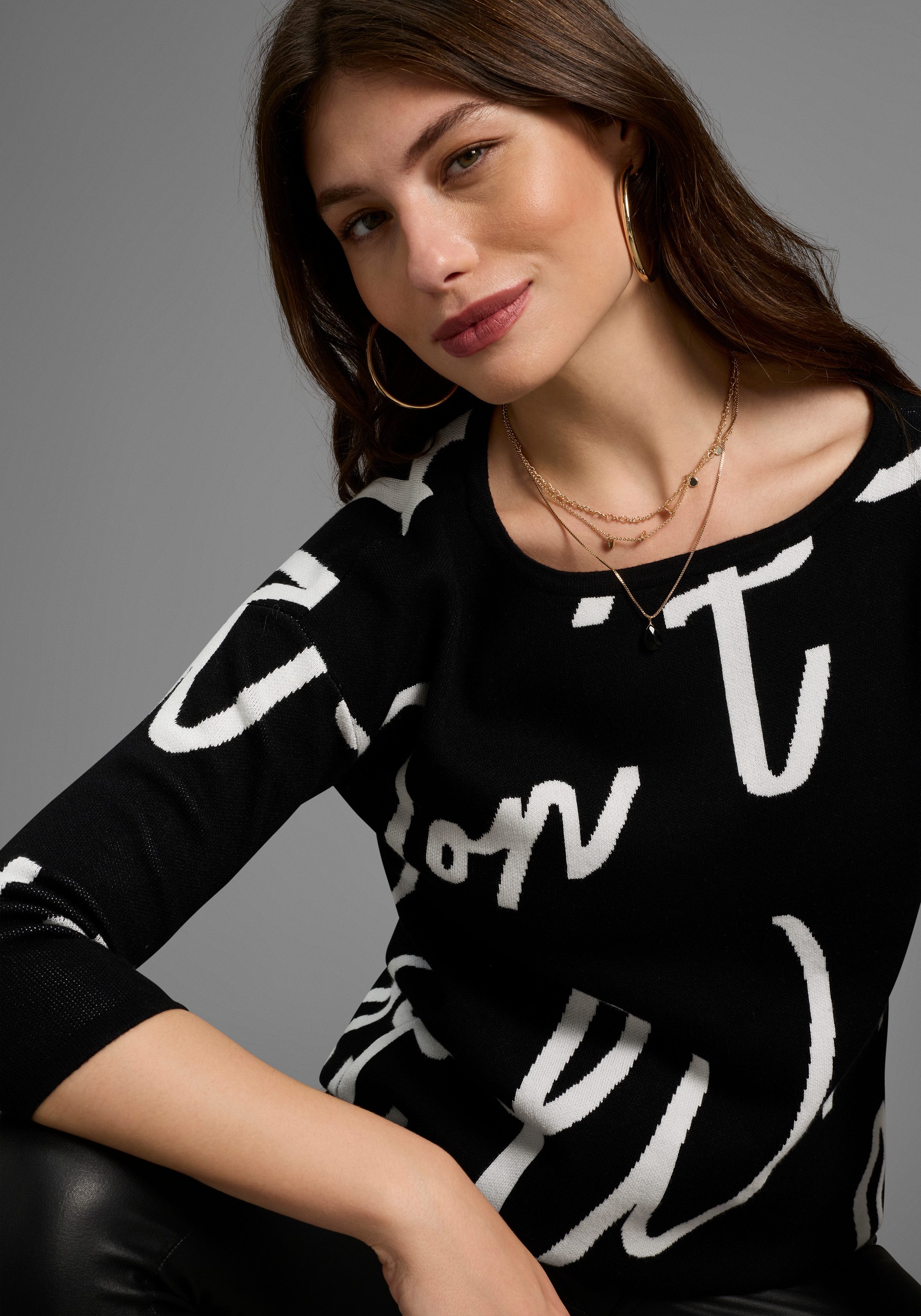 Laura Scott Jacquardpullover Feinstrickpullover mit femininem Lettering