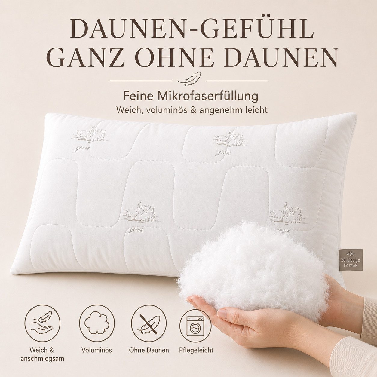 SEI Design Kopfkissen Kopfkissen Kissen Mirkofaser Seitenschläferkissen, Füllung: 650g luxuriöse Mikrofaser, Bezug: Mikrofaser gesteppt, Seitenschläfer, Bauchschläfer, Rückenschläfer, Kissen, Avegane Alternative zu Daunenkissen