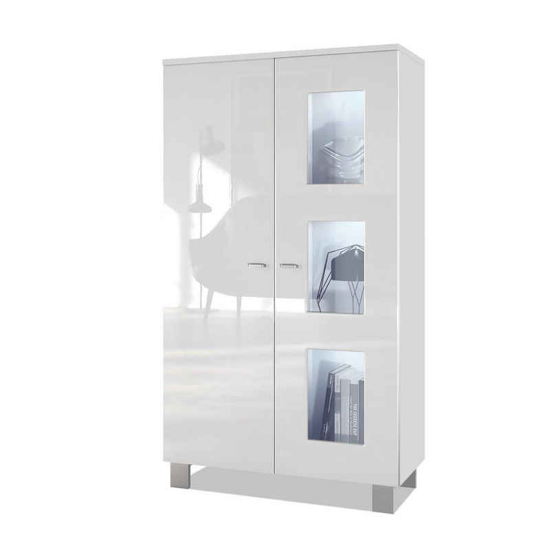 Vladon Standvitrine Denjo (Standvitrine, mit 2 Türen und 3 Glaseinsätzen) Weiß matt/ Weiß Hochglanz (71 x 129 x 35 cm)