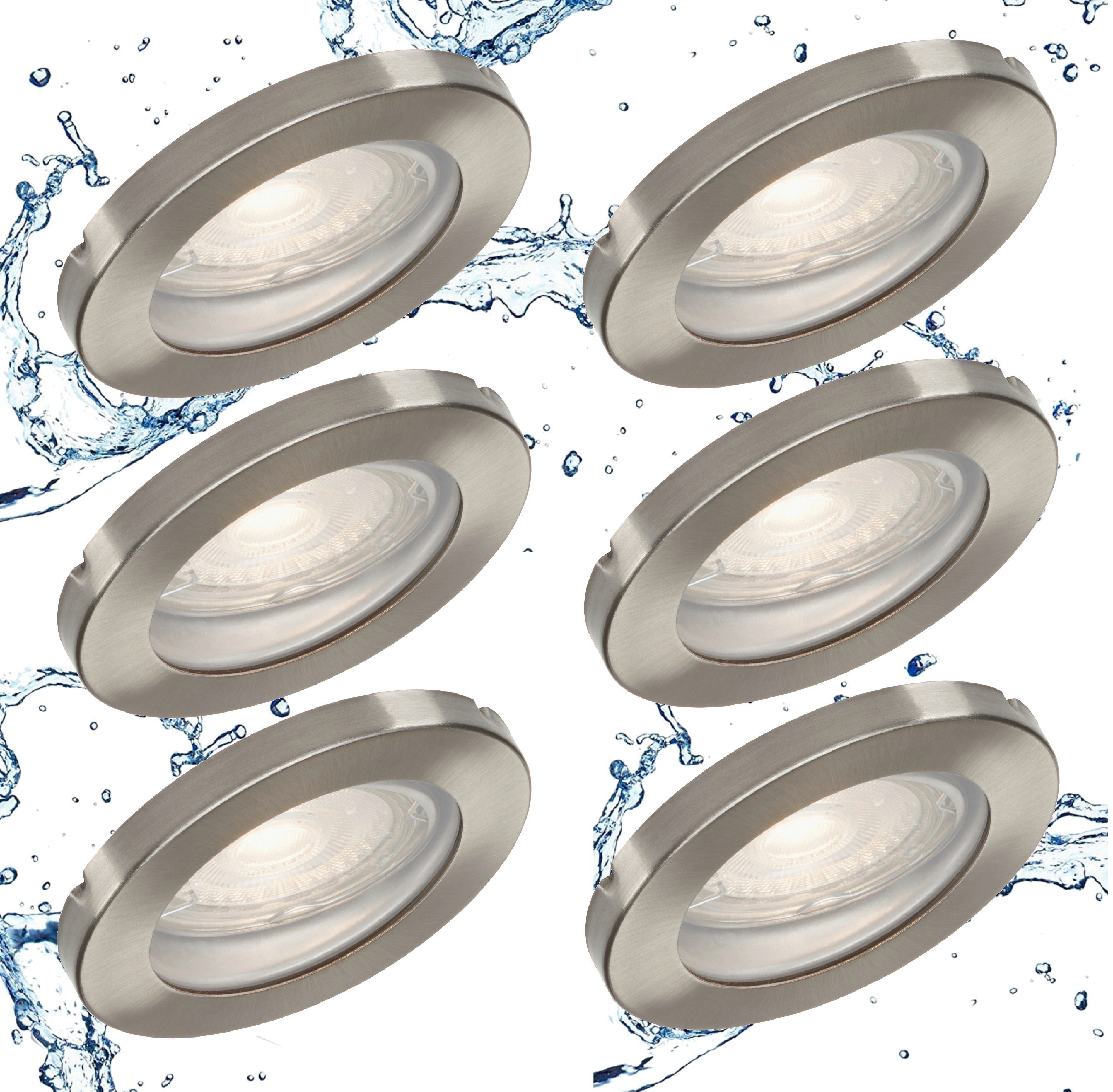 TRANGO LED Einbauleuchte, 6er Set 6729IP-062MCOBSD LED Einbaustrahler IP44 aus Edelstahl gebürstet in Rund inkl. 6x 5 Watt 3 Stufen dimmbar LED Modul 3000K warmweiß, Ultra flach für Bad, Außen, Deckenstrahler, Einbauleuchte
