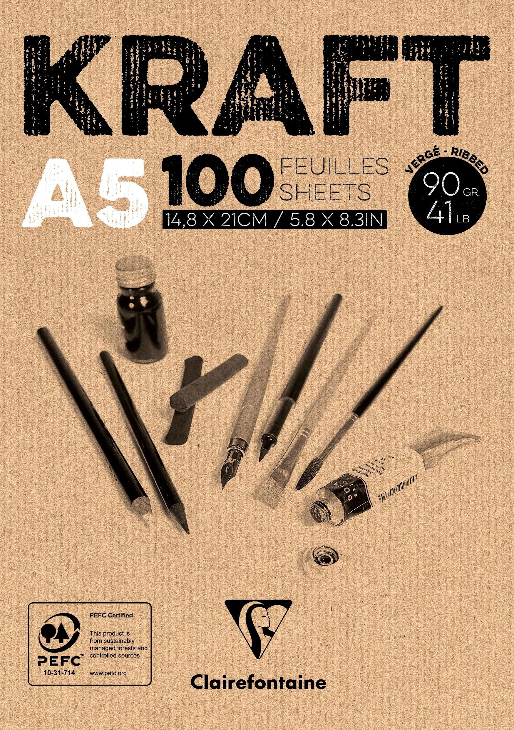 CLAIREFONTAINE Zeichenpapier 5x Block Kraftpapier, geleimt, 100 Blatt A5 90g 96544C, Kunst Clairefontaine