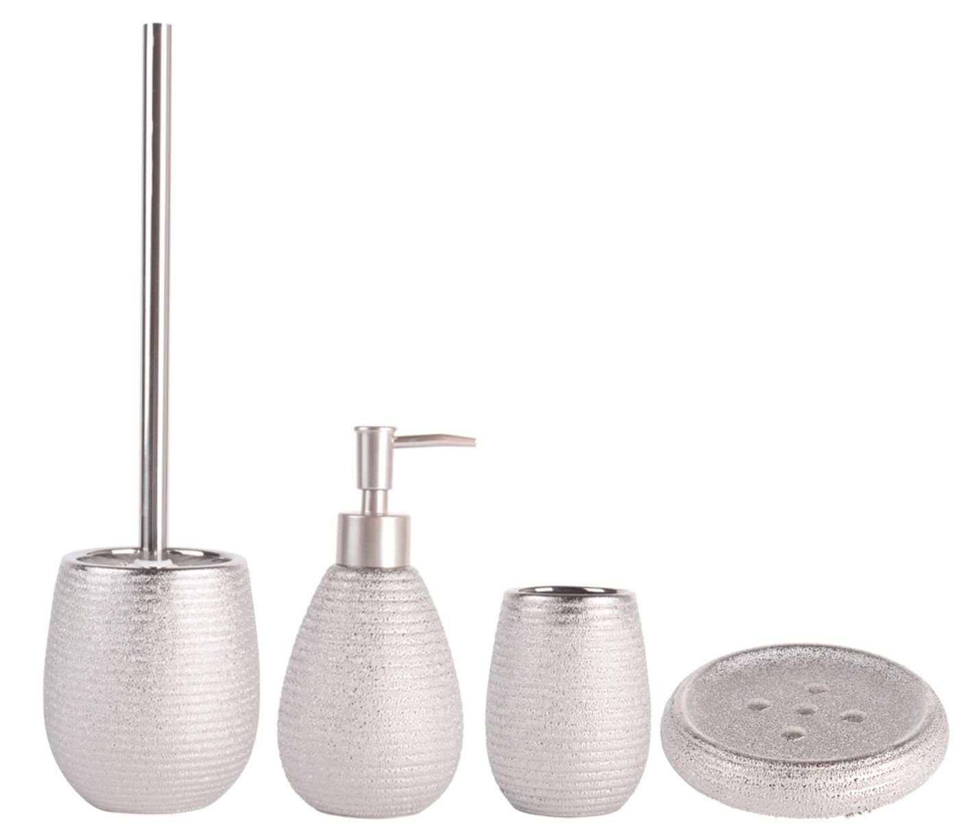 MSV Badaccessoires-Sets OMAN, Zubehör-Set aus Keramik, mit erhabenem Rillenmuster, elegante Silber Glanzoptik, Glitter Effekt, 4 tlg., bestehend aus: WC-Bürste, Seifenspender, Zahnputzbecher, Seifenschale