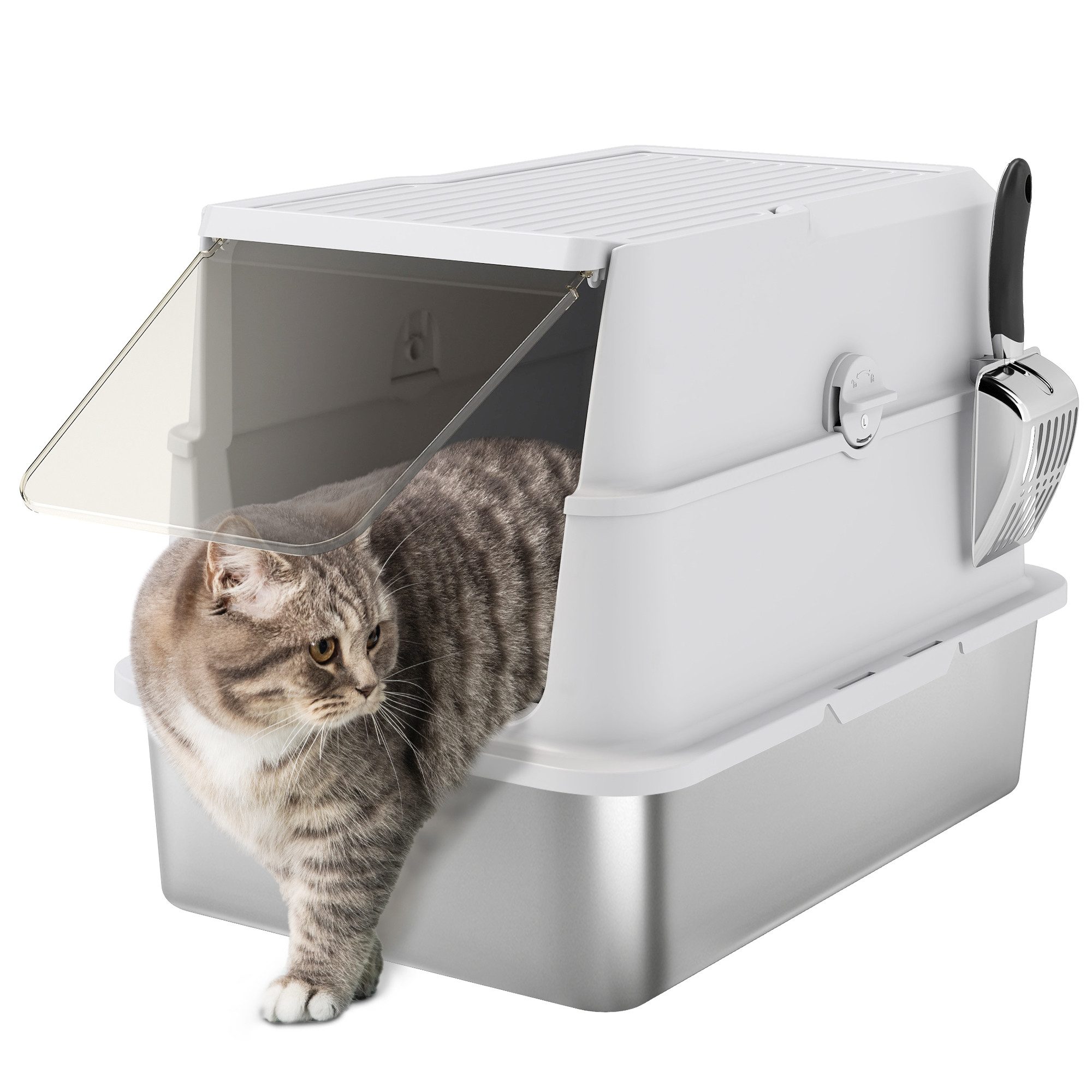 PawHut Katzentoilette Katzenklo mit Deckel Streuschaufel, Katzentoilette, Leicht zu Reinigen, mit Deodorierungsbeutel, für Katzen bis 7 kg, Hellgrau