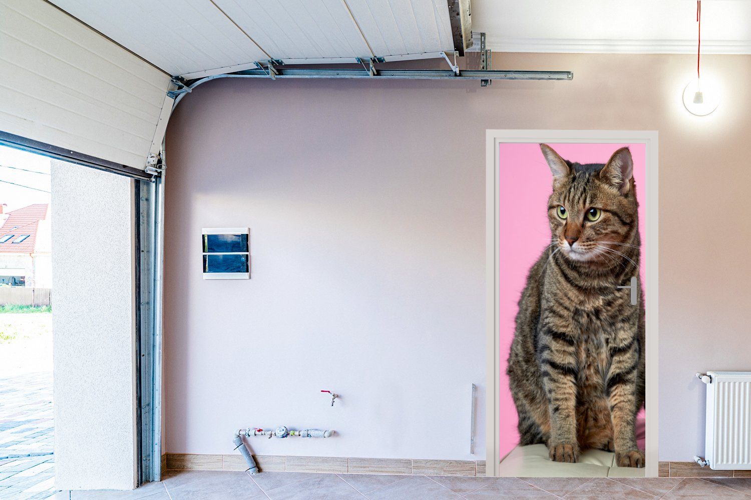 cm - - Tür, (1 Türaufkleber, Kinder, St), - MuchoWow Pouf Matt, - bedruckt, Rosa 75x205 für Fototapete - Kinder Türtapete Mädchen Katze