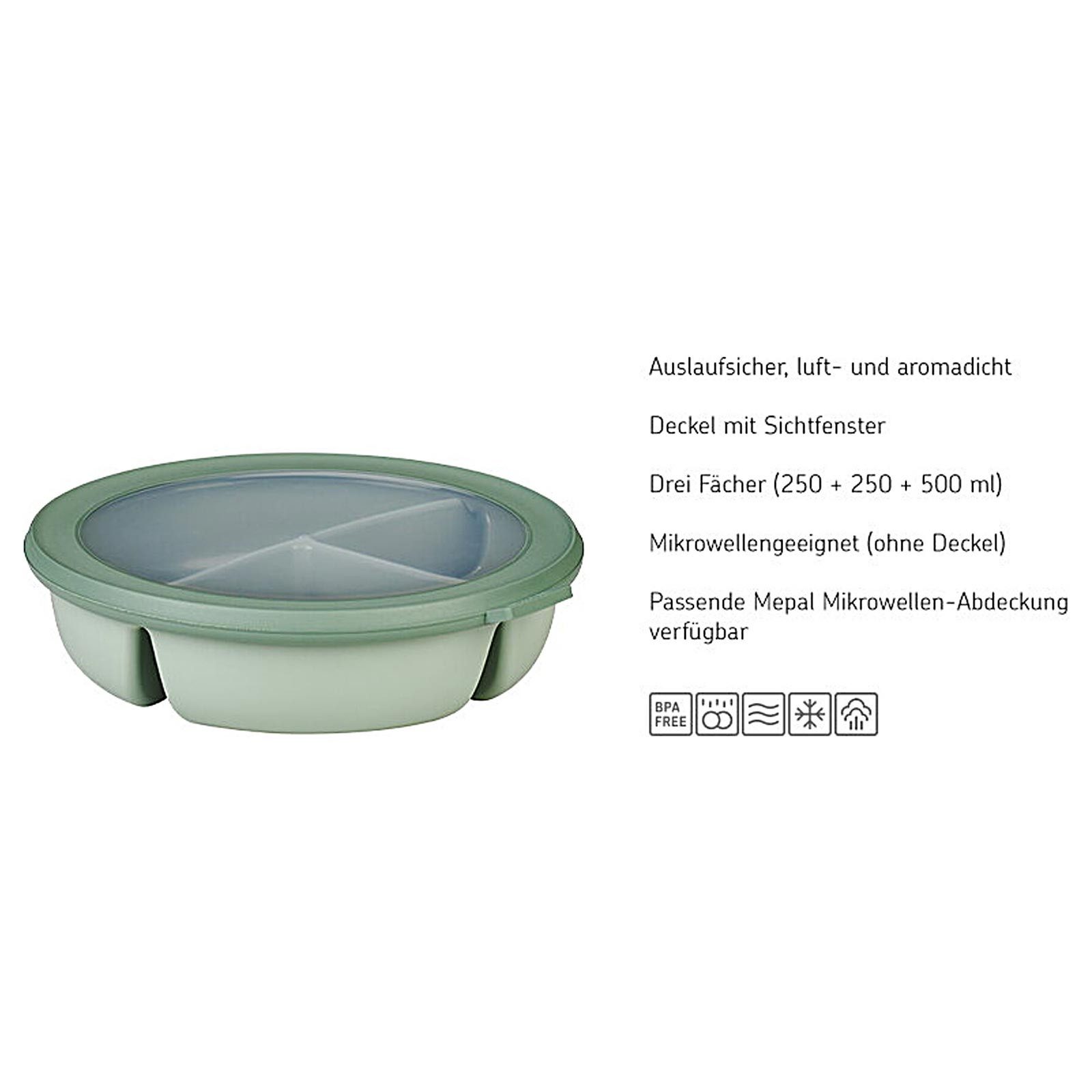 Mepal Lunchbox Bento-Schüssel Starter-Set mit 3 Fächern, rund, luftdicht, Polypropylen (PP), Thermoplastische Elastomere (TPE), inkl. Mikrowellendeckel, Meal-Prep-Boxen, Nordic Sage
