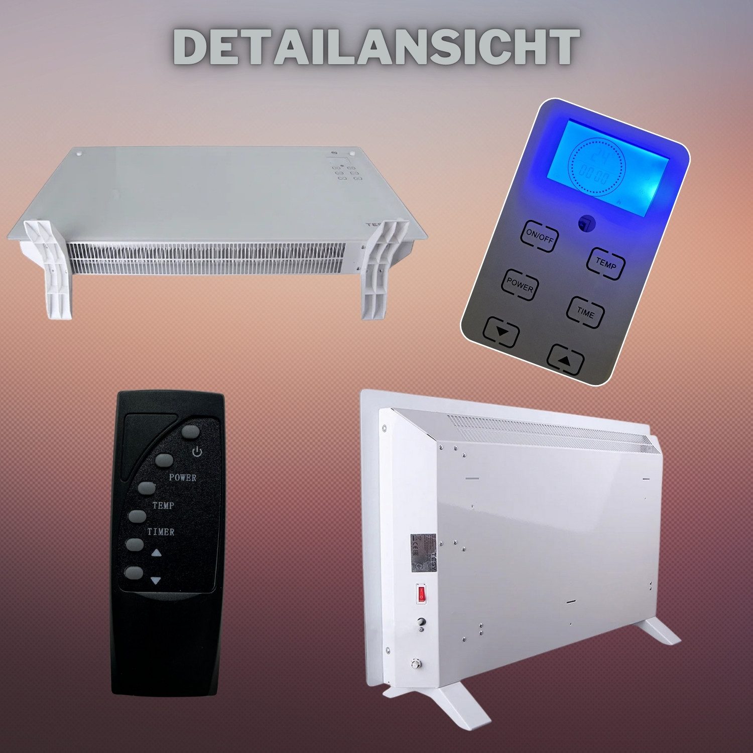 PROMAFIT Konvektor Elektroheizung Glas-Konvektor Mit LCD Display, 1500 W, Schnelle und effiziente Aufwärmung des Raumes, 2 Wärmeeinstellungen – Bild 5 von 5