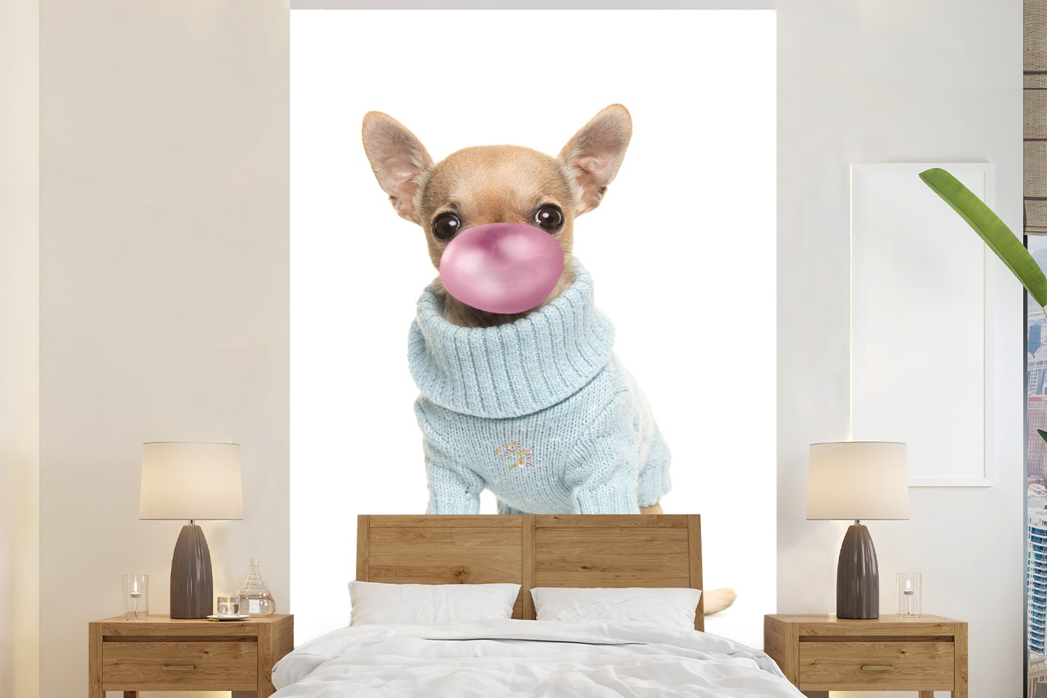 MuchoWow Fototapete Hund - Kaugummi pusten - Chihuahua - Spaß für Kinder - Mädchen -, Matt, bedruckt, (3 St), Montagefertig Vinyl Tapete für Wohnzimmer, Wandtapete