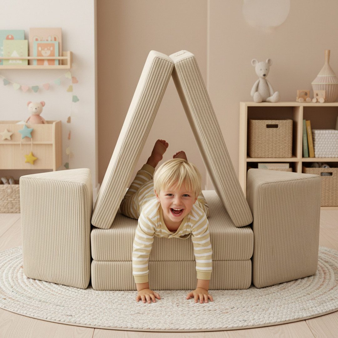 Bellabino Kindersofa Nile aus 4 Schaumstoff Teilen, Beige, Maxi-Variante, faltbare Kinderspielcouch, Cordbezug, abnehmbar, waschbar 160x52x75cm