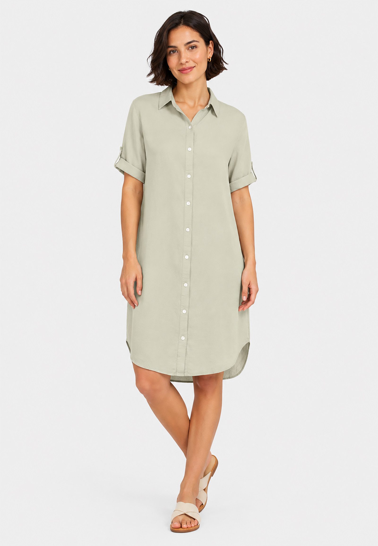Eight2Nine Shirtkleid Kurzarm Knopfleiste Gerade Passform für Damen (lang, 1-tlg) Leinen Normal Fit Kentkragen Kurzarm Einfarbig atmungsaktiv