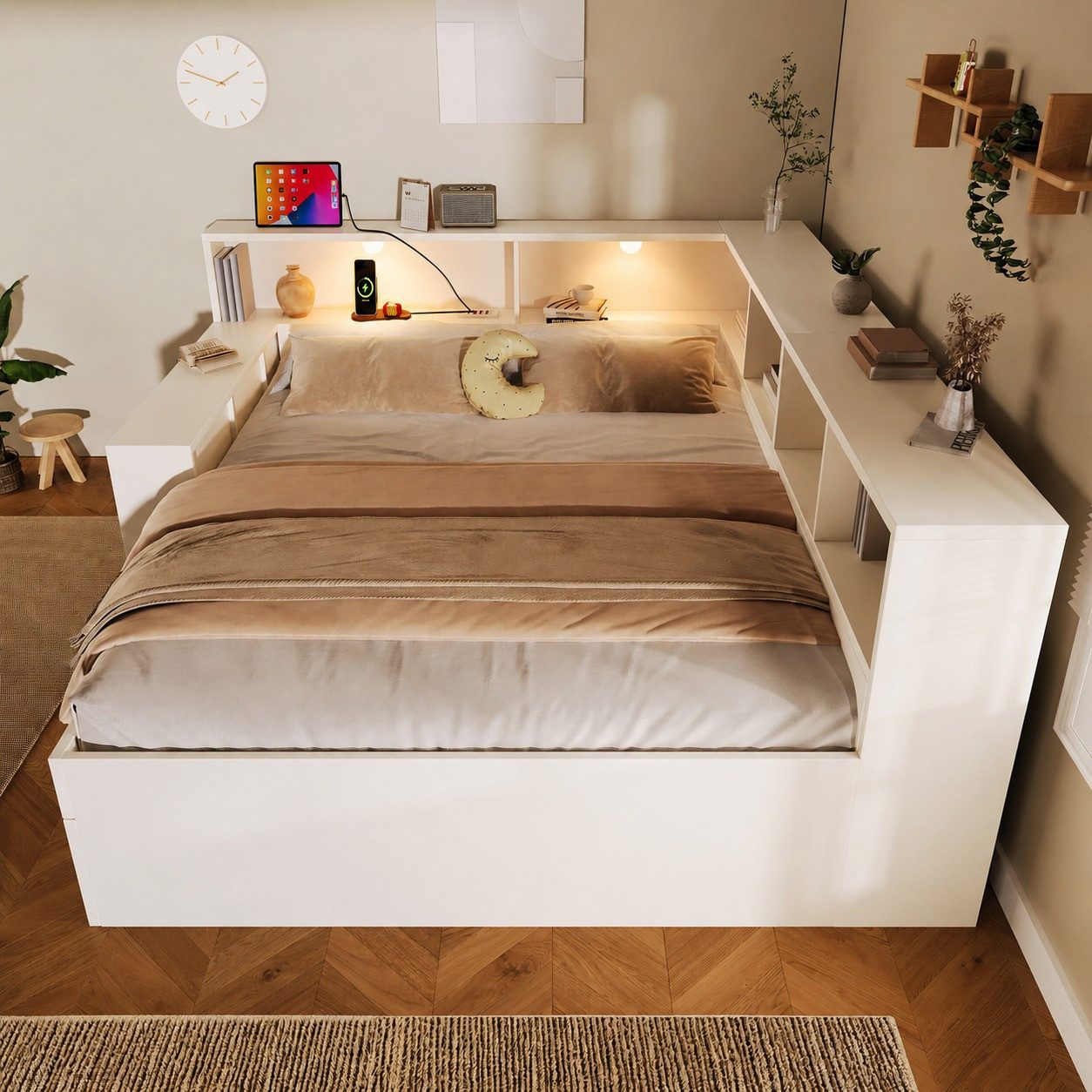 Flieks Holzbett, Kinderbett 140x200cm mit Stauraumregal, Schublade, Leselicht, Aufladen