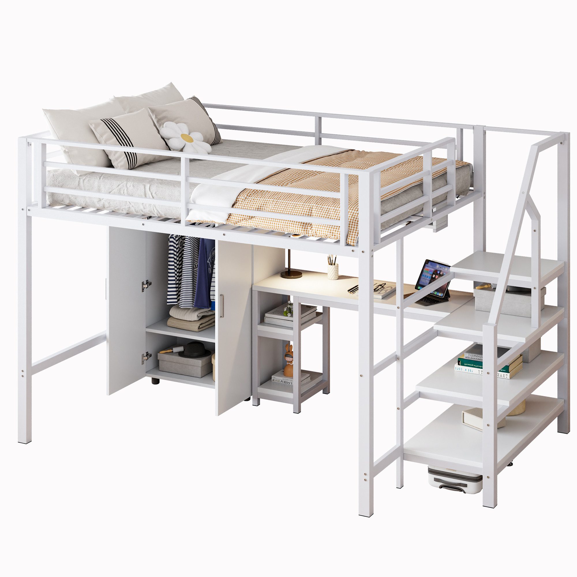 REDOM Hochbett Funktionsbett,Einzelbett,Jugendbett,Kinderbett (Hochbett 140x200 cm mit Kleiderschrank, Schreibtisch & Stauraumleiter Multifunktionale Ablage für Kinderzimmer) ohne Matratze