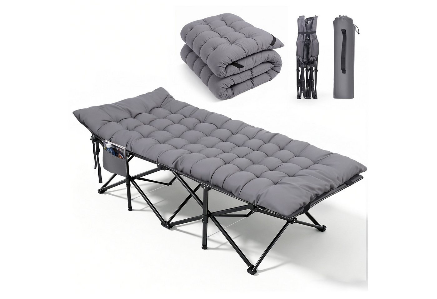Sekey Klappbett 202 x 80 cm Extra Breit Feldbett XXL Campingbett Klappbar mit Matratze Faltbares Klappbett mit Seitentasche, 600D Oxford-Gewebe, bis 200 kg